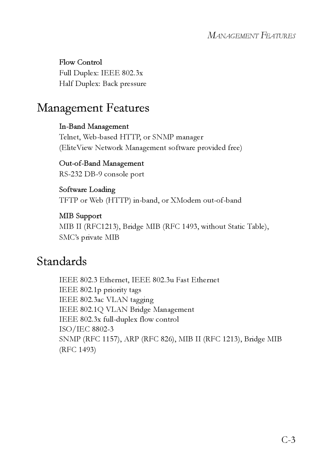 SMC Networks SMC6724AL2 manual Management Features, Standards 