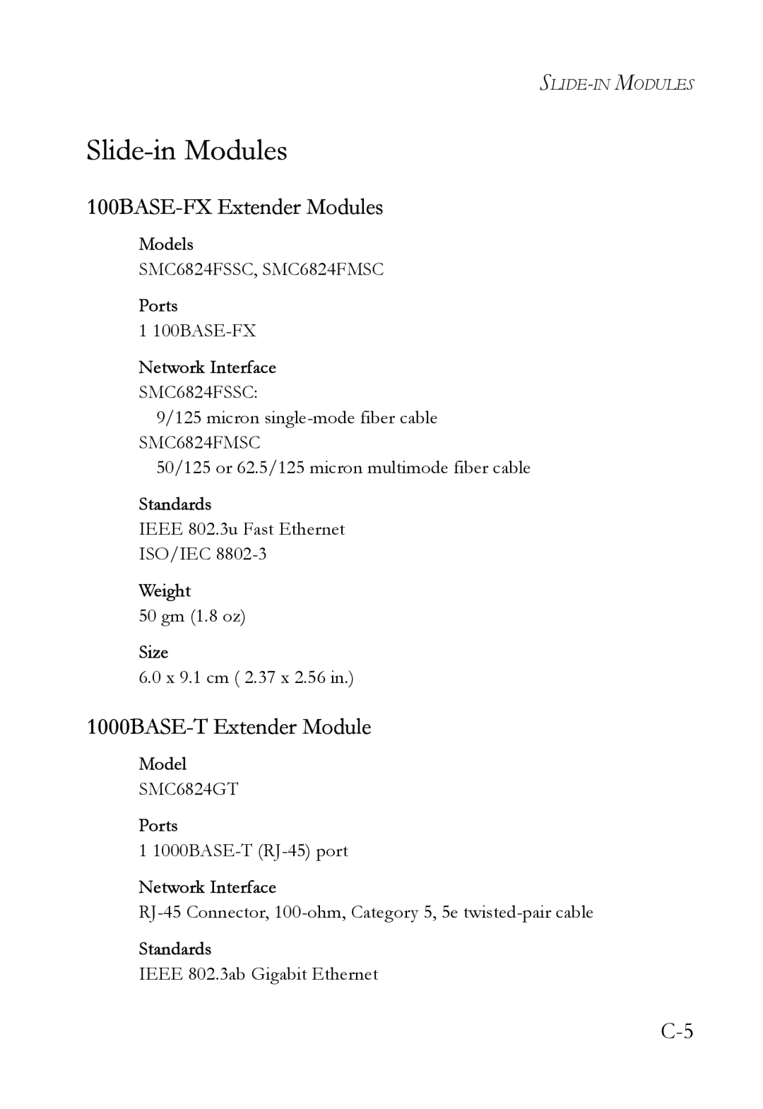 SMC Networks SMC6724AL2 manual Slide-in Modules, 100BASE-FX Extender Modules, 1000BASE-T Extender Module 