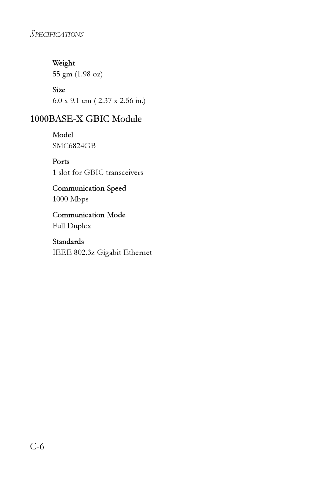 SMC Networks SMC6724AL2 manual 1000BASE-X Gbic Module, Communication Speed 