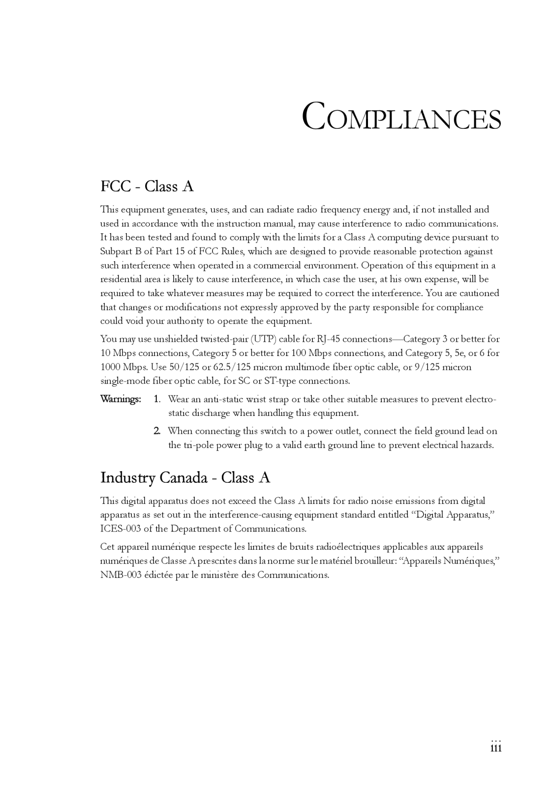 SMC Networks SMC6724AL2 manual Compliances, FCC Class a, Industry Canada Class a 