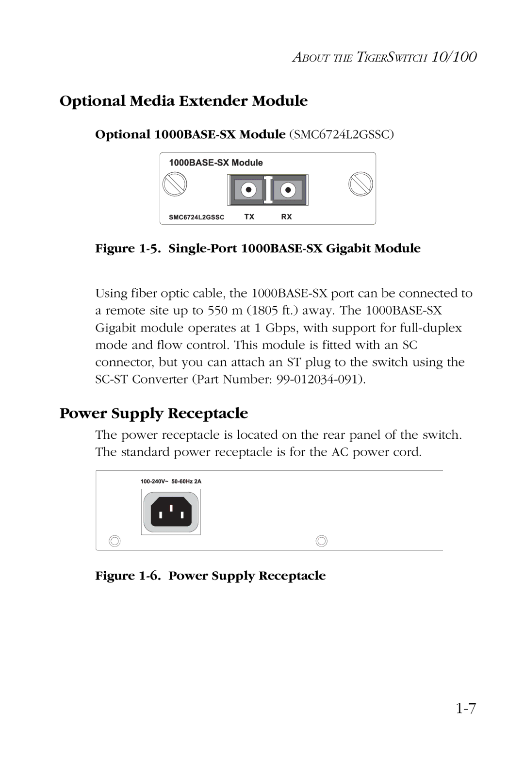 SMC Networks manual Optional Media Extender Module, Power Supply Receptacle, Optional 1000BASE-SX Module SMC6724L2GSSC 