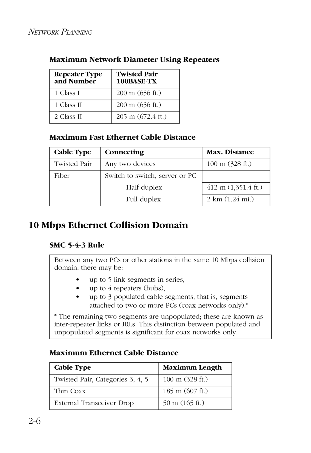 SMC Networks SMC6724L2 manual Mbps Ethernet Collision Domain, Maximum Network Diameter Using Repeaters, SMC 5-4-3 Rule 