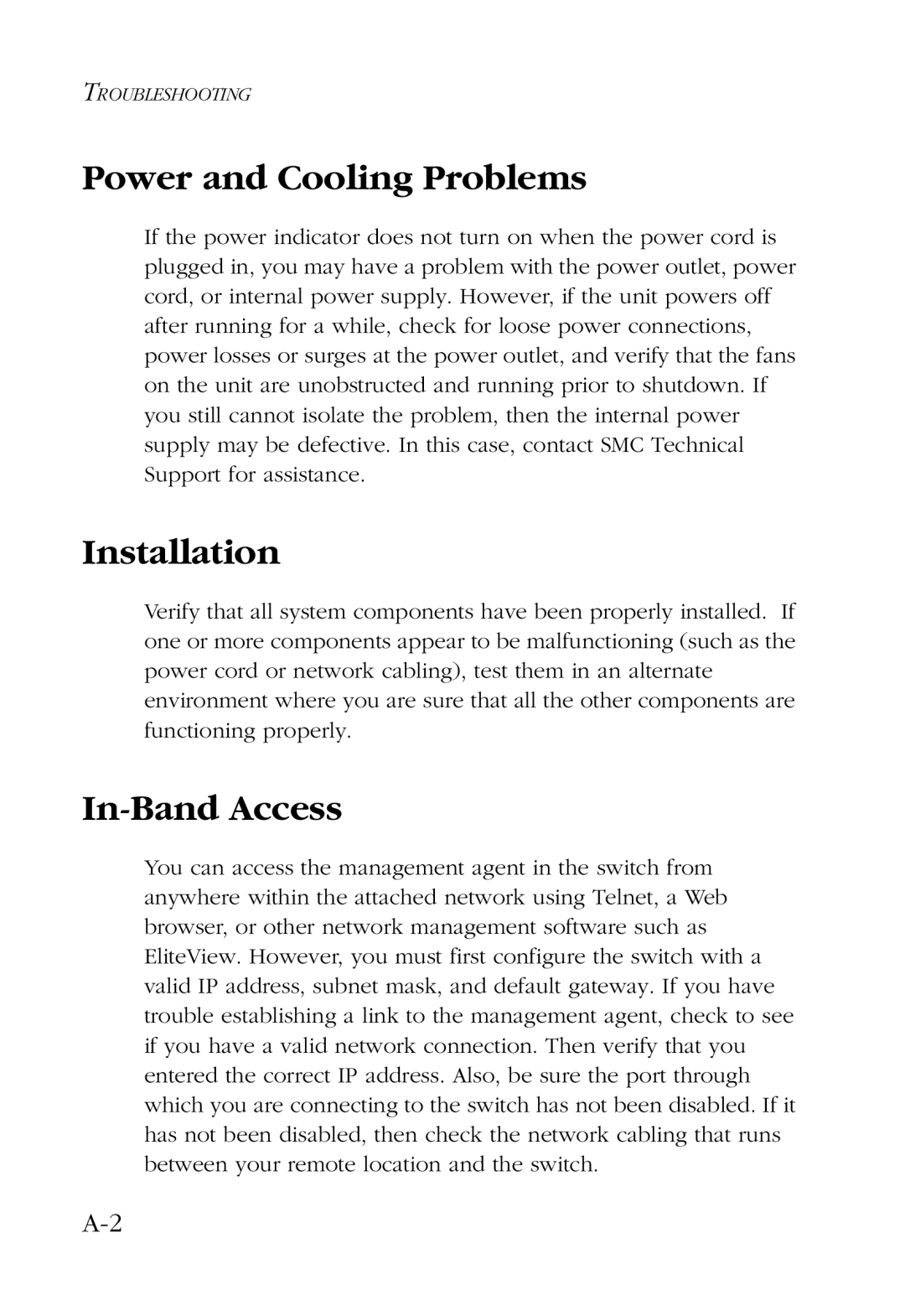 SMC Networks SMC6724L2 manual Power and Cooling Problems, Installation, In-Band Access 