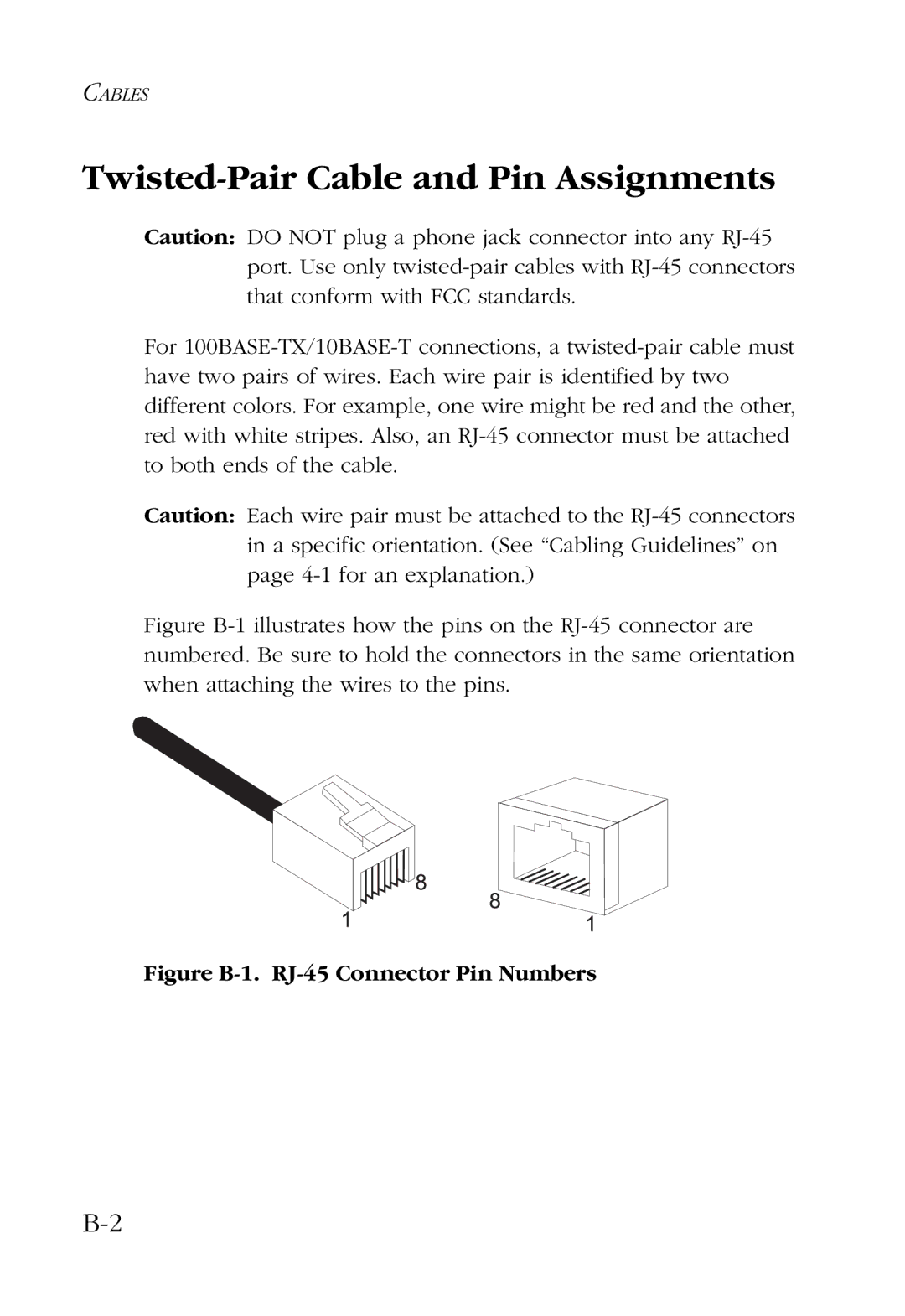 SMC Networks SMC6724L2 manual Twisted-Pair Cable and Pin Assignments, Figure B-1. RJ-45 Connector Pin Numbers 