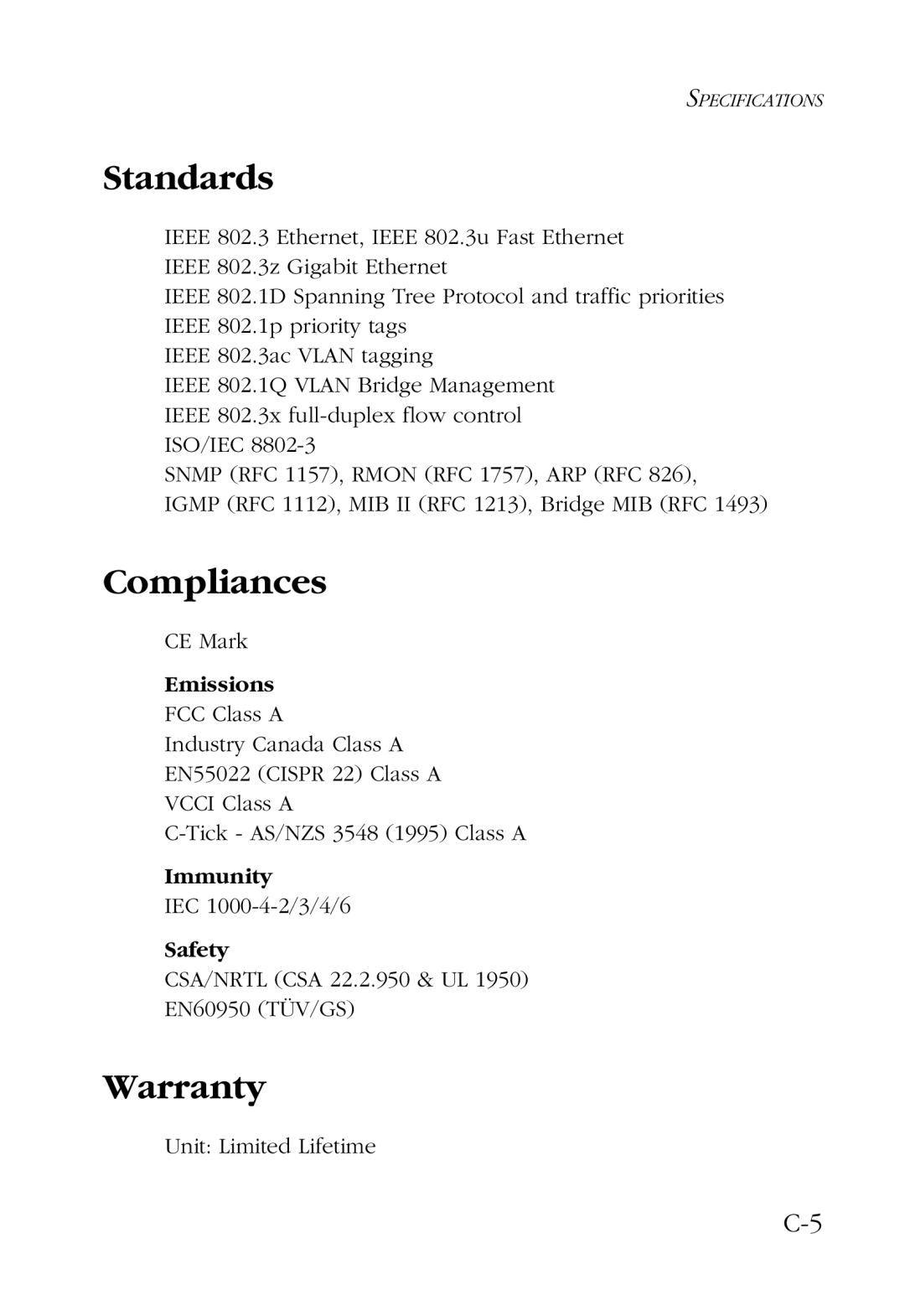 SMC Networks SMC6724L2 manual Standards, Compliances, Warranty 