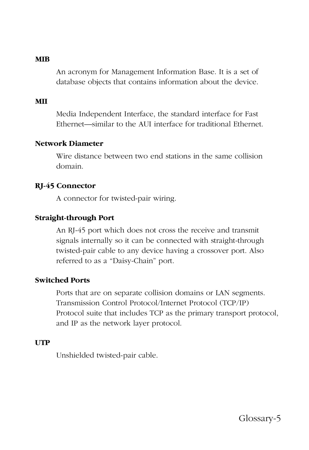 SMC Networks SMC6724L2 manual Glossary-5, Network Diameter, RJ-45 Connector, Straight-through Port, Switched Ports 