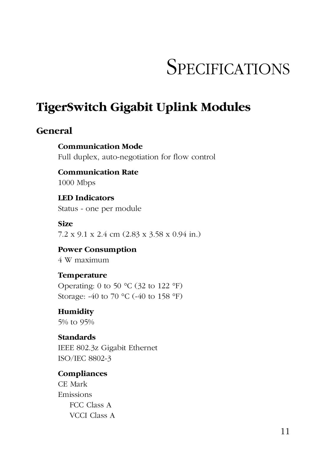 SMC Networks SMC6724L2GSSC, SMC6724L2GLSC manual Specifications, TigerSwitch Gigabit Uplink Modules 