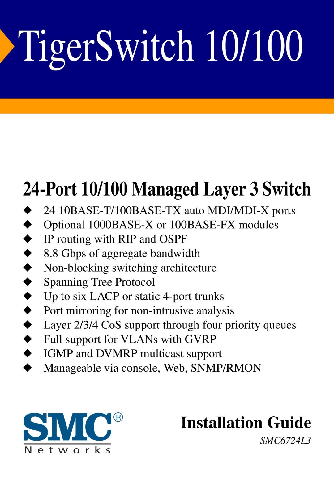 SMC Networks SMC6724L3 INT manual TigerSwitch 10/100 