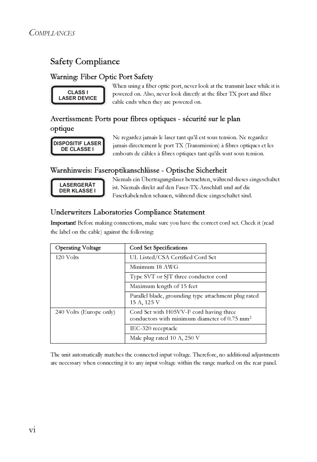 SMC Networks SMC6724L3 INT manual Safety Compliance, Warnhinweis Faseroptikanschlüsse Optische Sicherheit 