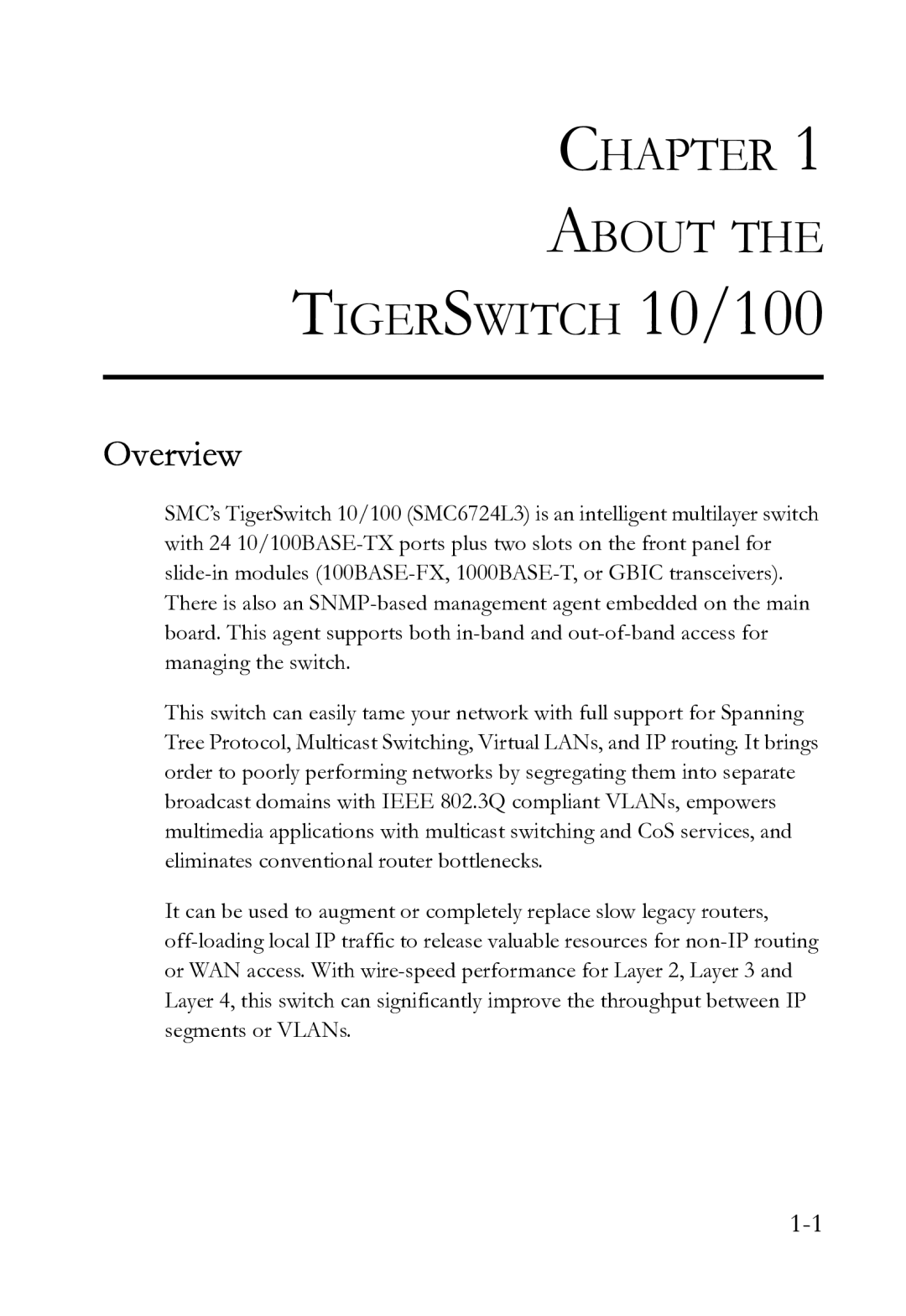 SMC Networks SMC6724L3 INT manual Chapter About Tigerswitch 10/100, Overview 