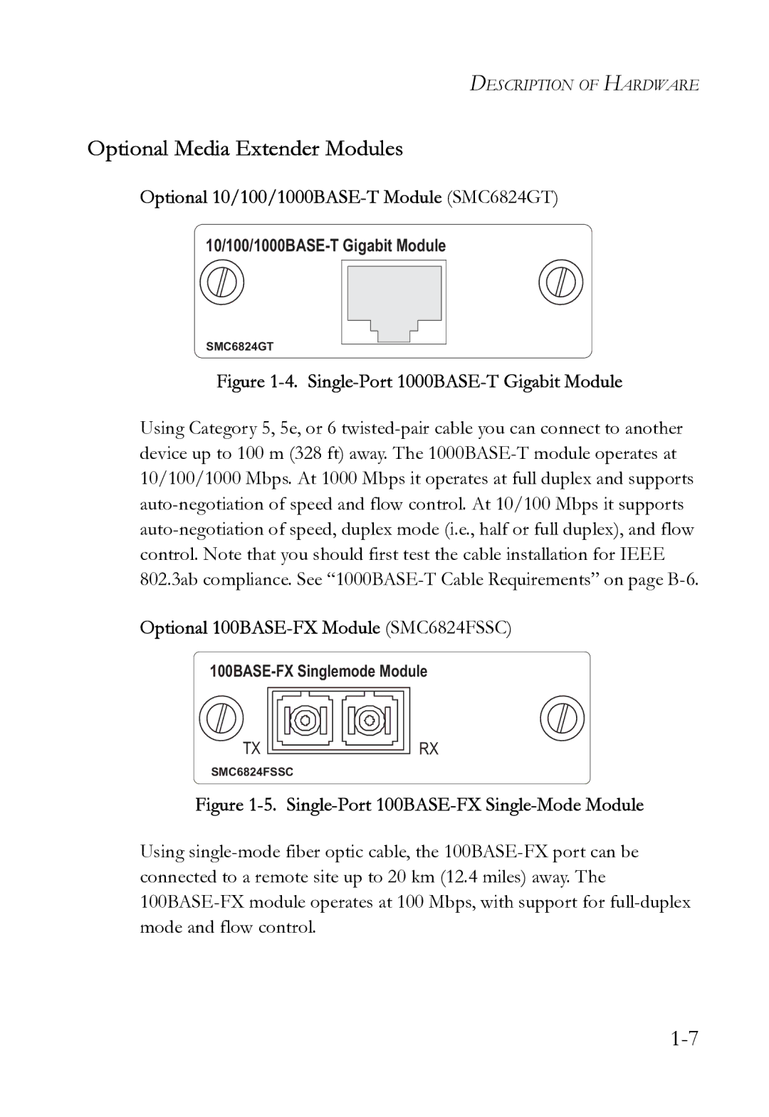 SMC Networks SMC6724L3 INT manual Optional Media Extender Modules, Optional 10/100/1000BASE-T Module SMC6824GT 