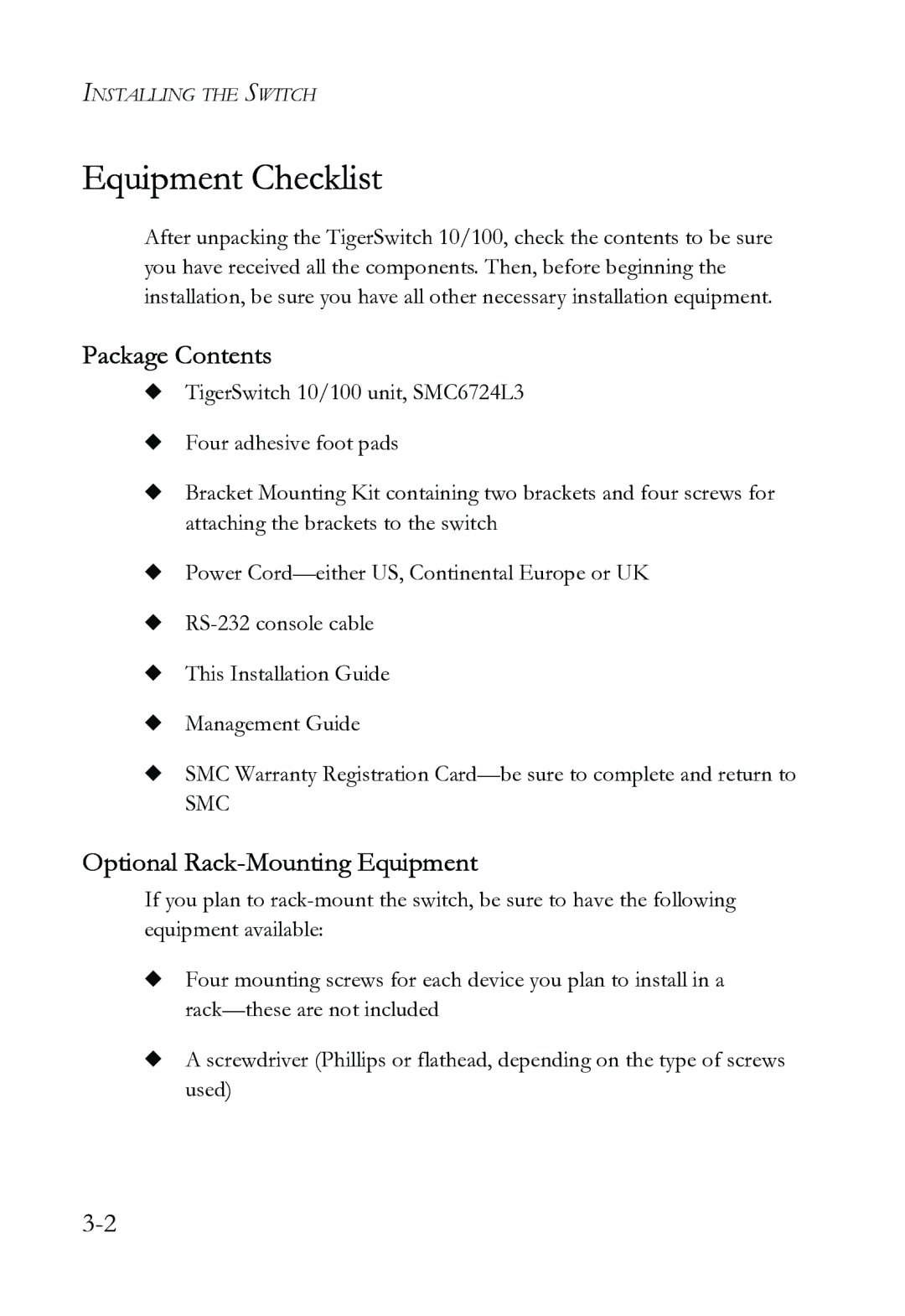 SMC Networks SMC6724L3 INT manual Equipment Checklist, Package Contents, Optional Rack-Mounting Equipment 