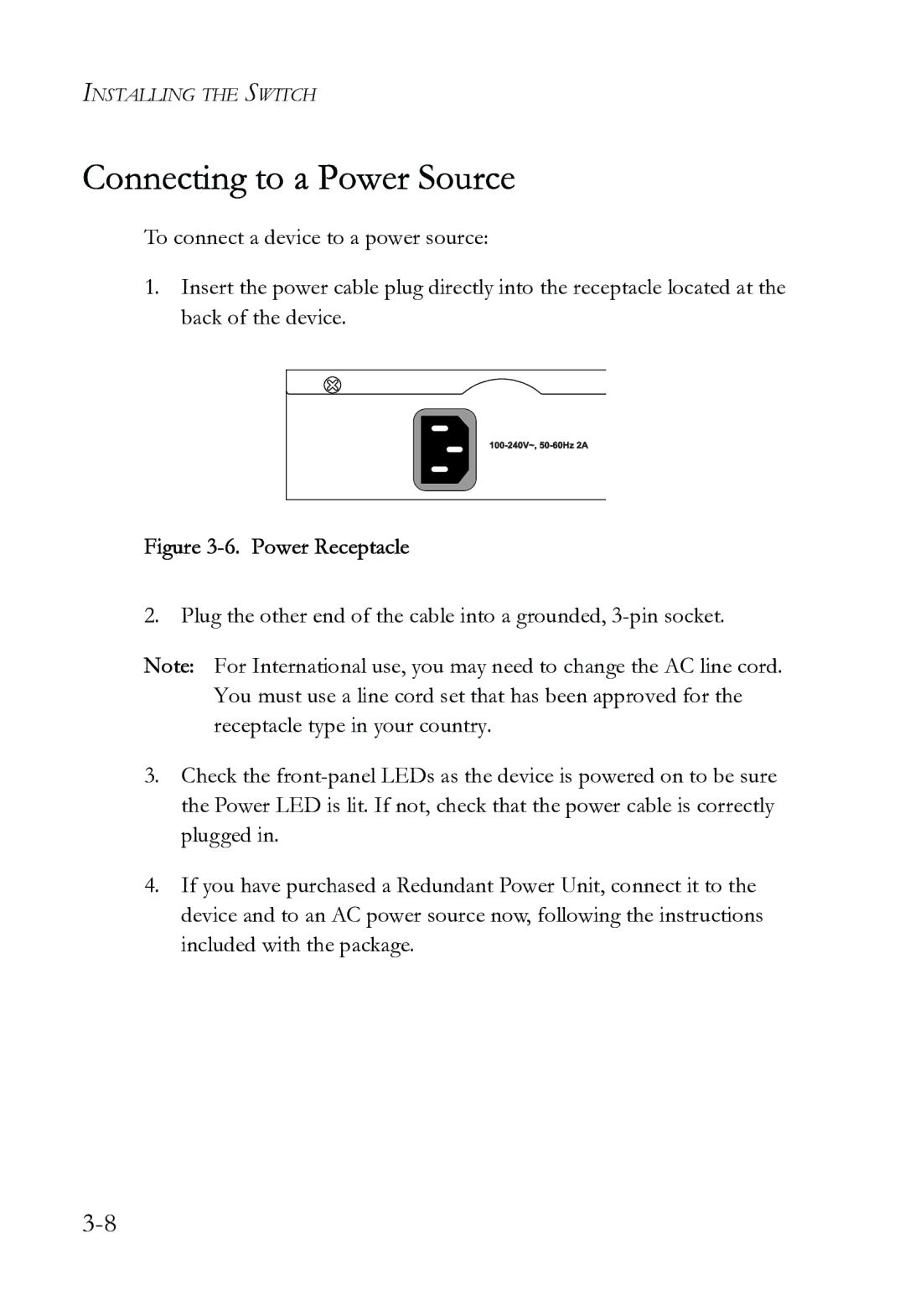 SMC Networks SMC6724L3 INT manual Connecting to a Power Source, Power Receptacle 