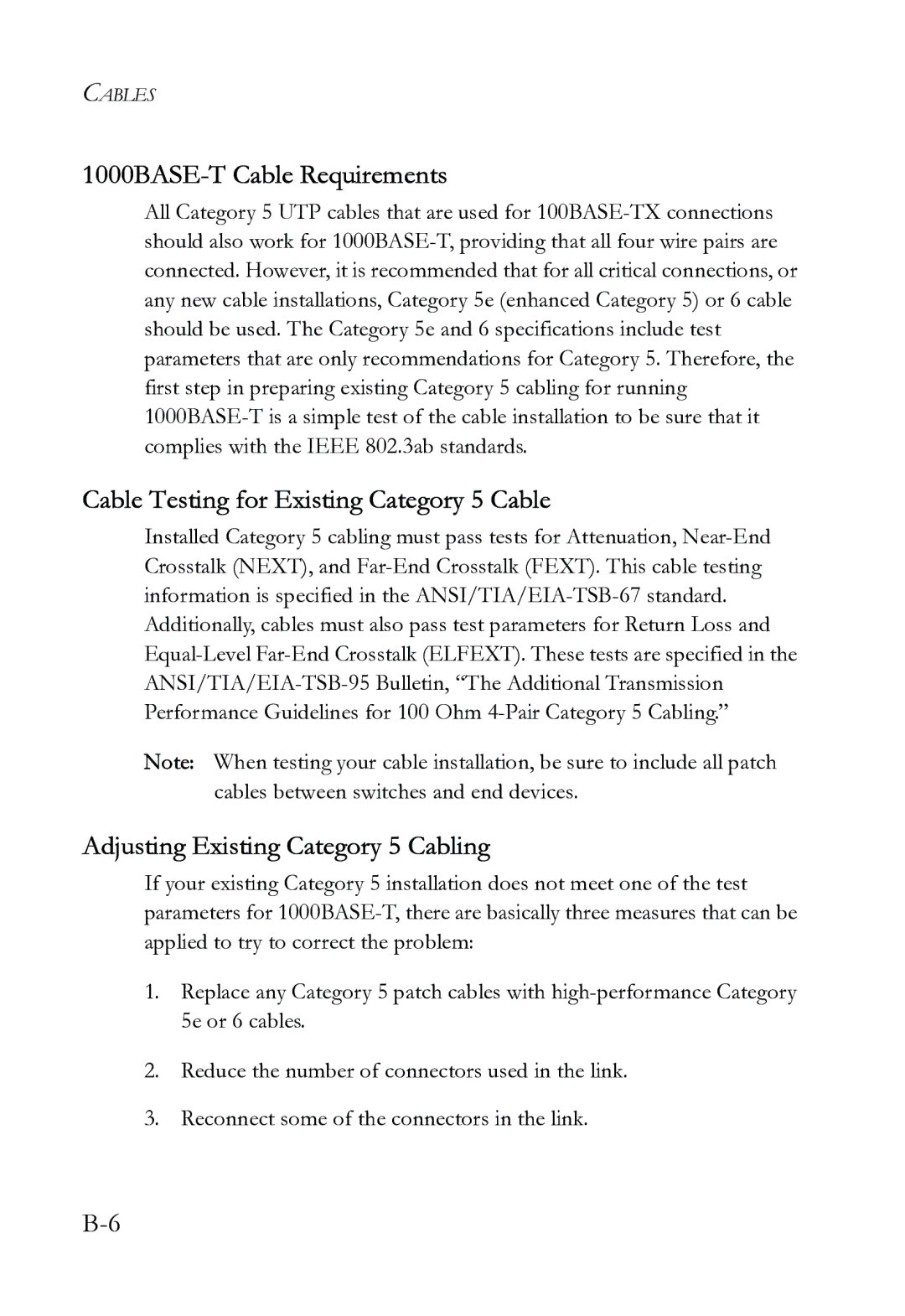 SMC Networks SMC6724L3 INT manual 1000BASE-T Cable Requirements, Cable Testing for Existing Category 5 Cable 