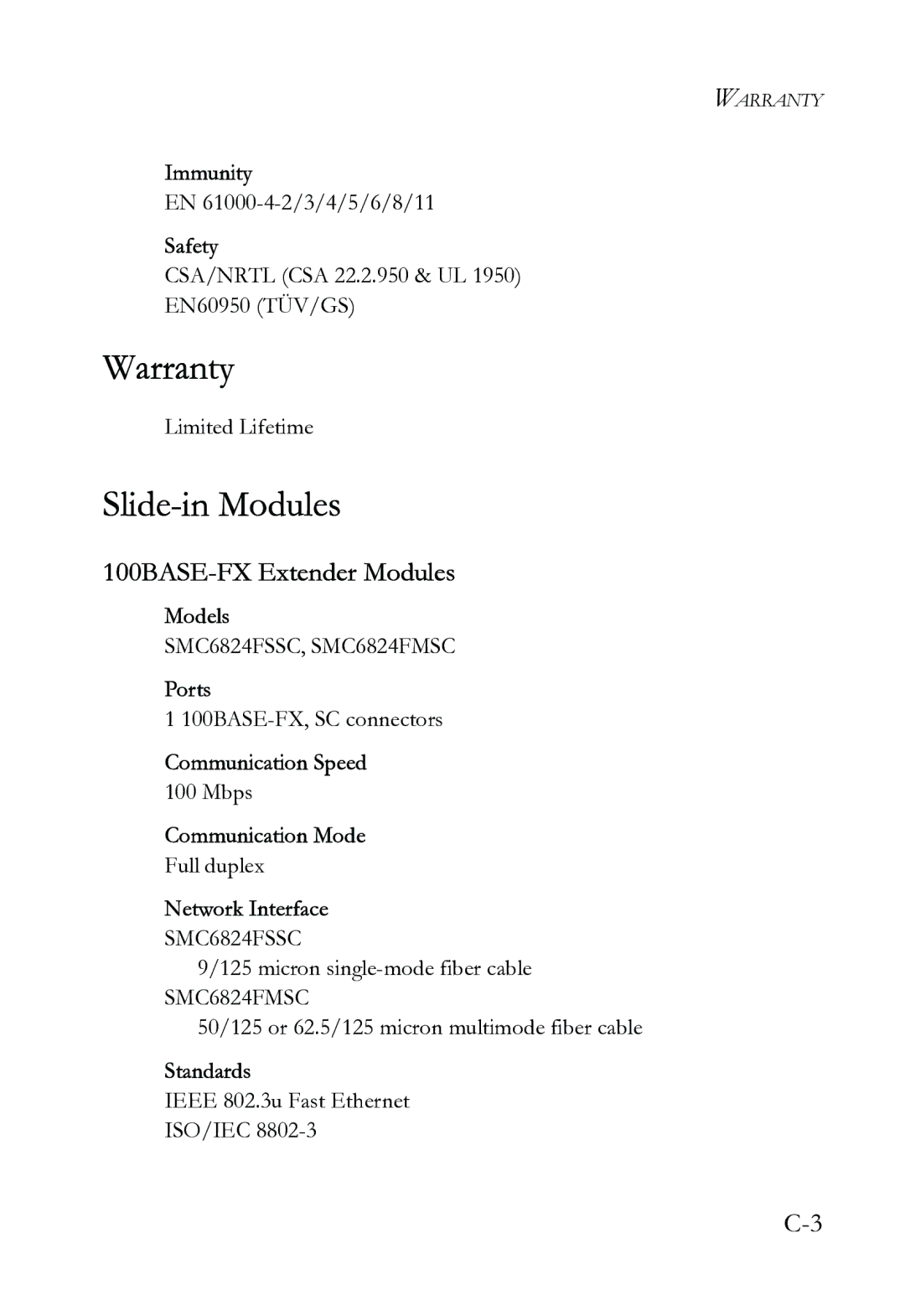 SMC Networks SMC6724L3 INT manual Warranty, Slide-in Modules, 100BASE-FX Extender Modules 