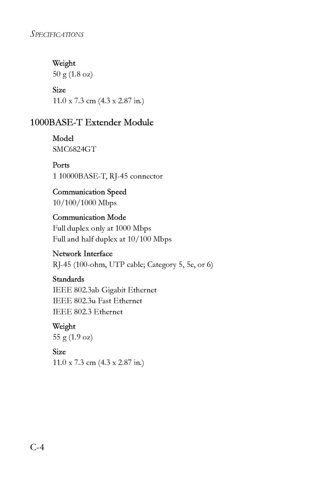 SMC Networks SMC6724L3 INT manual 1000BASE-T Extender Module, Model 