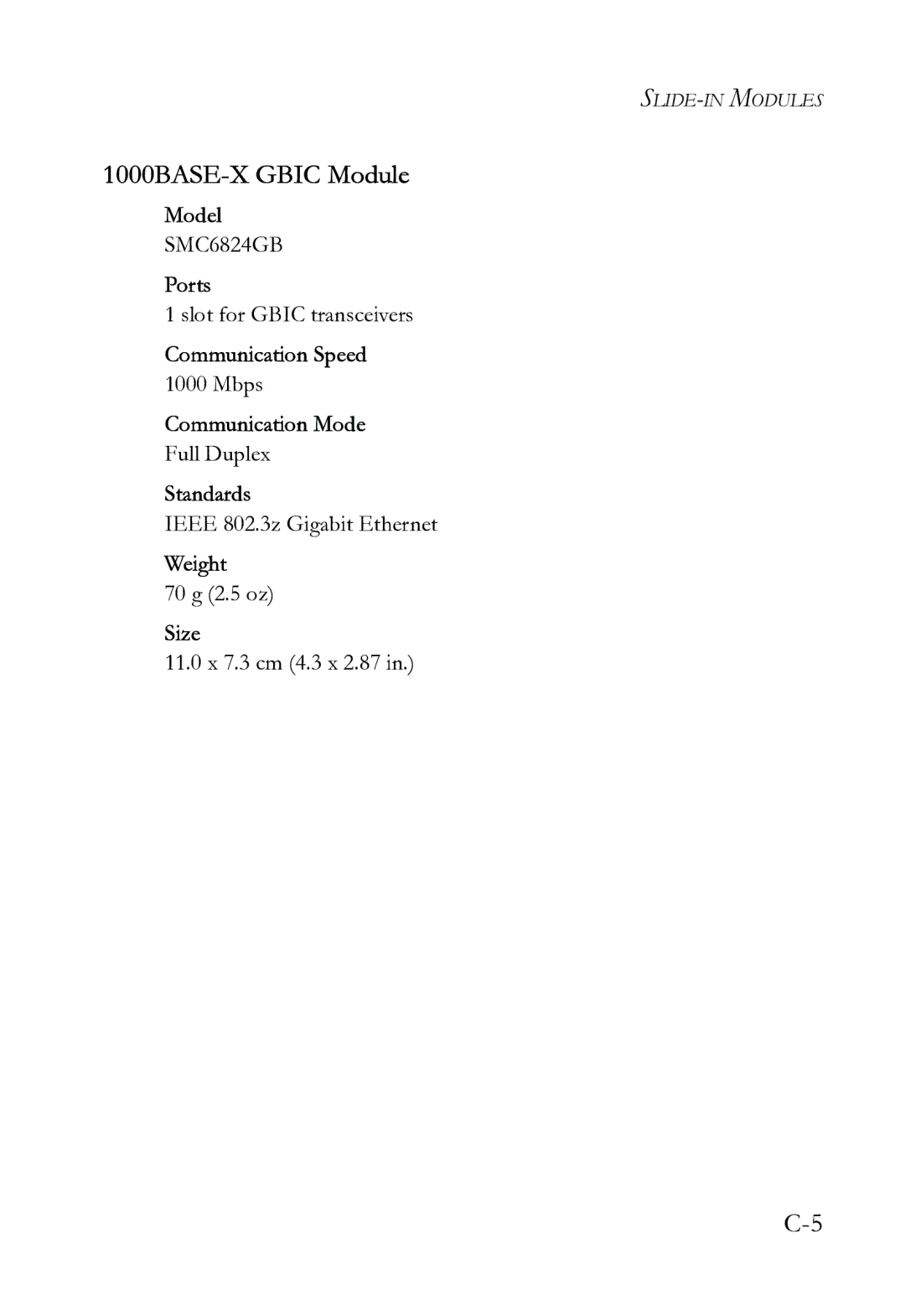 SMC Networks SMC6724L3 INT manual 1000BASE-X Gbic Module 