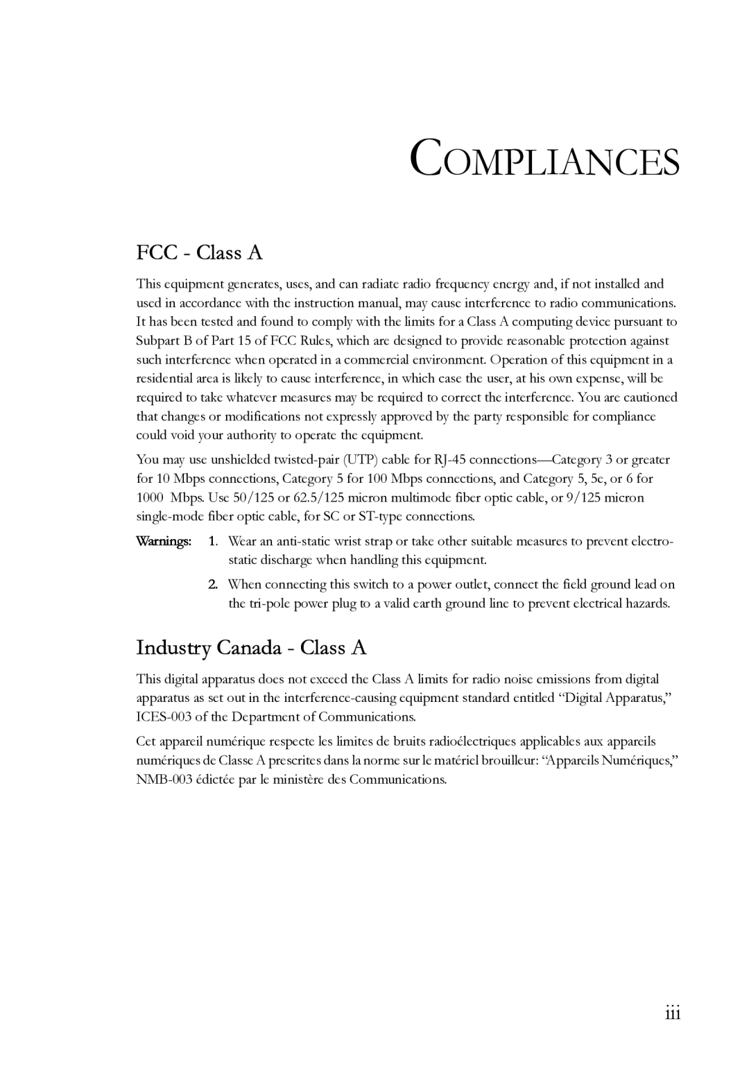 SMC Networks SMC6724L3 INT manual Compliances, FCC Class a, Industry Canada Class a 