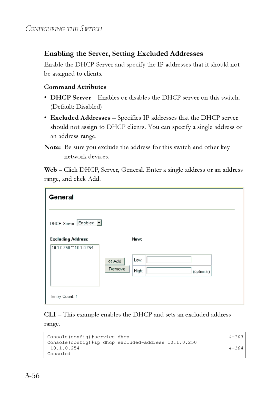 SMC Networks SMC6724L3 manual Enabling the Server, Setting Excluded Addresses 