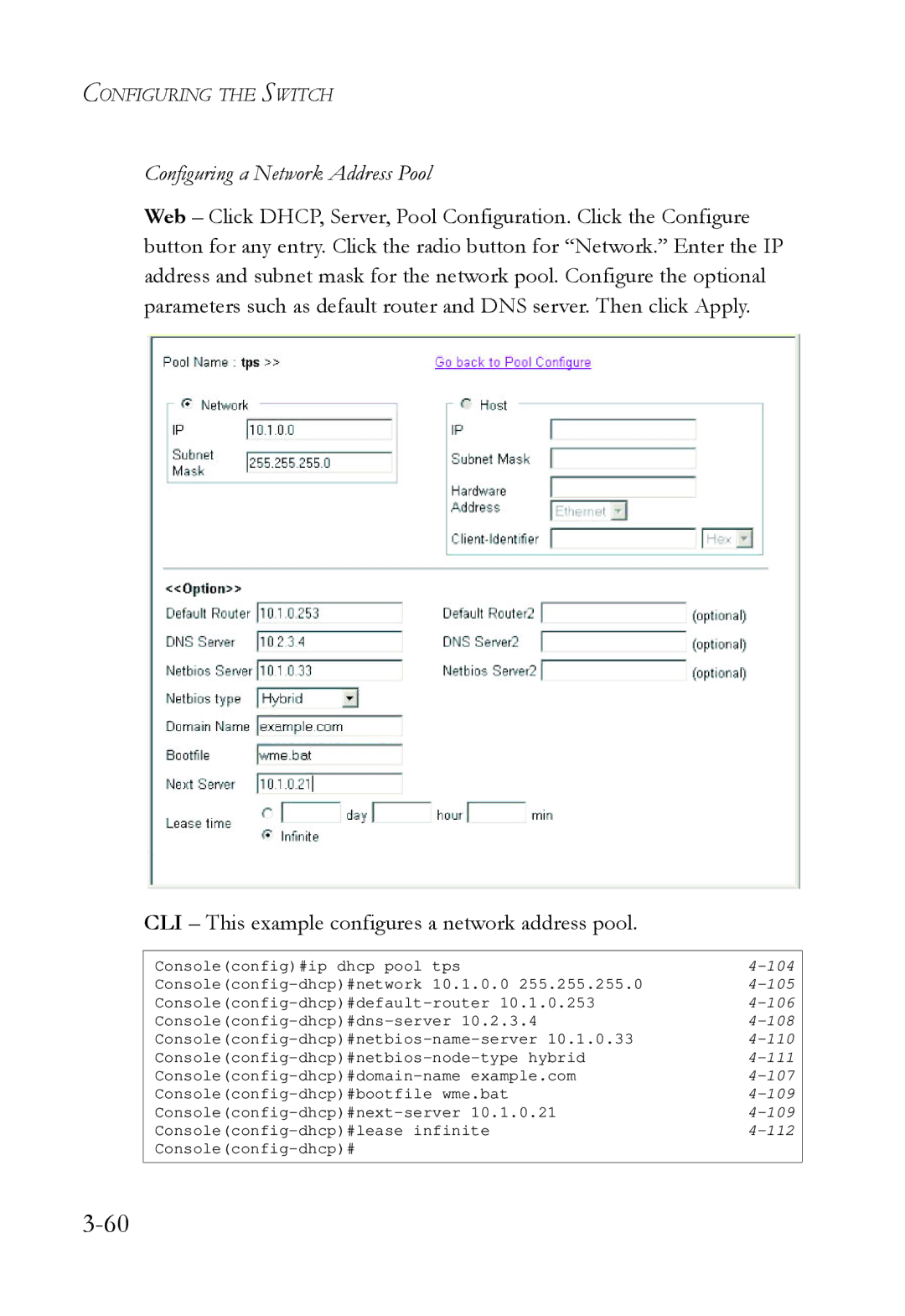 SMC Networks SMC6724L3 manual Configuring a Network Address Pool 