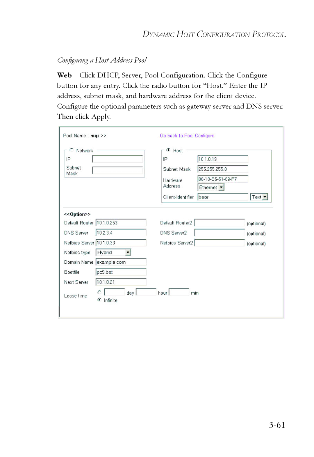 SMC Networks SMC6724L3 manual Configuring a Host Address Pool 