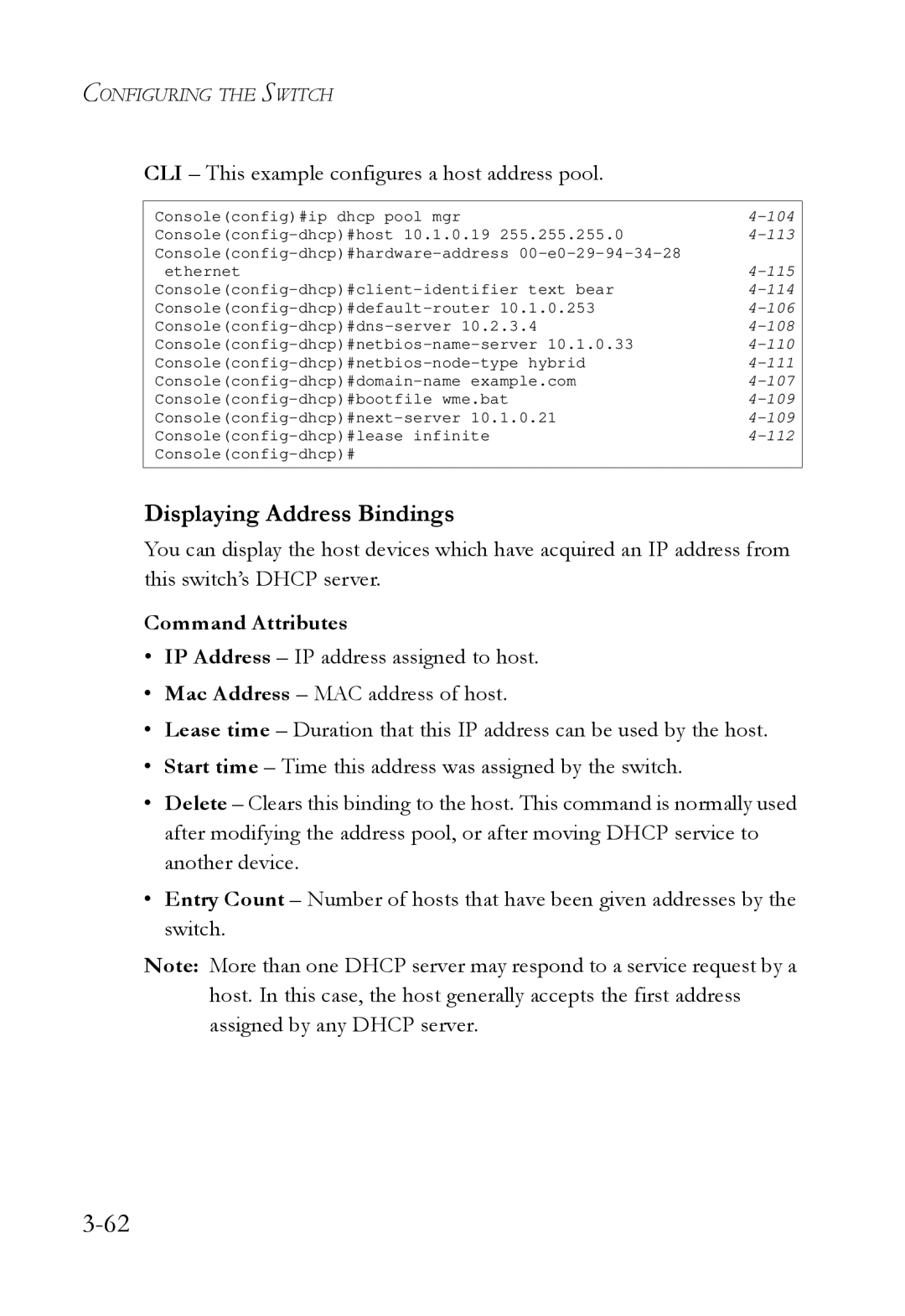 SMC Networks SMC6724L3 manual Displaying Address Bindings, CLI This example configures a host address pool 