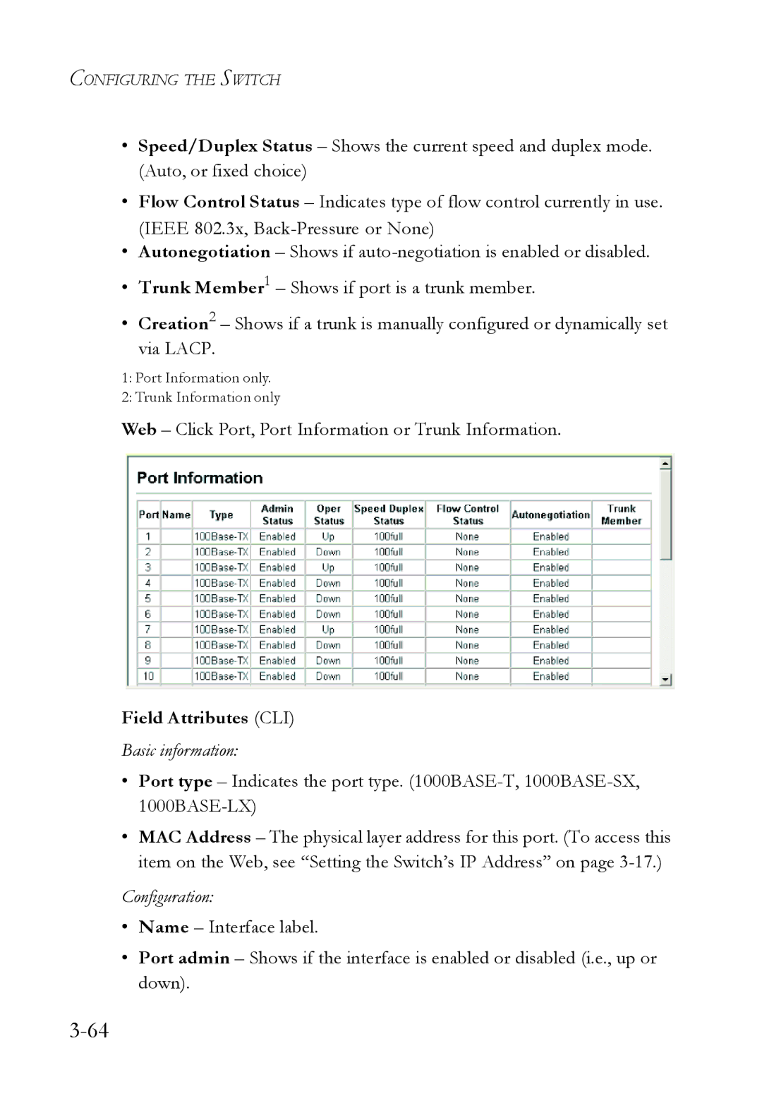 SMC Networks SMC6724L3 Web Click Port, Port Information or Trunk Information, Field Attributes CLI, Basic information 