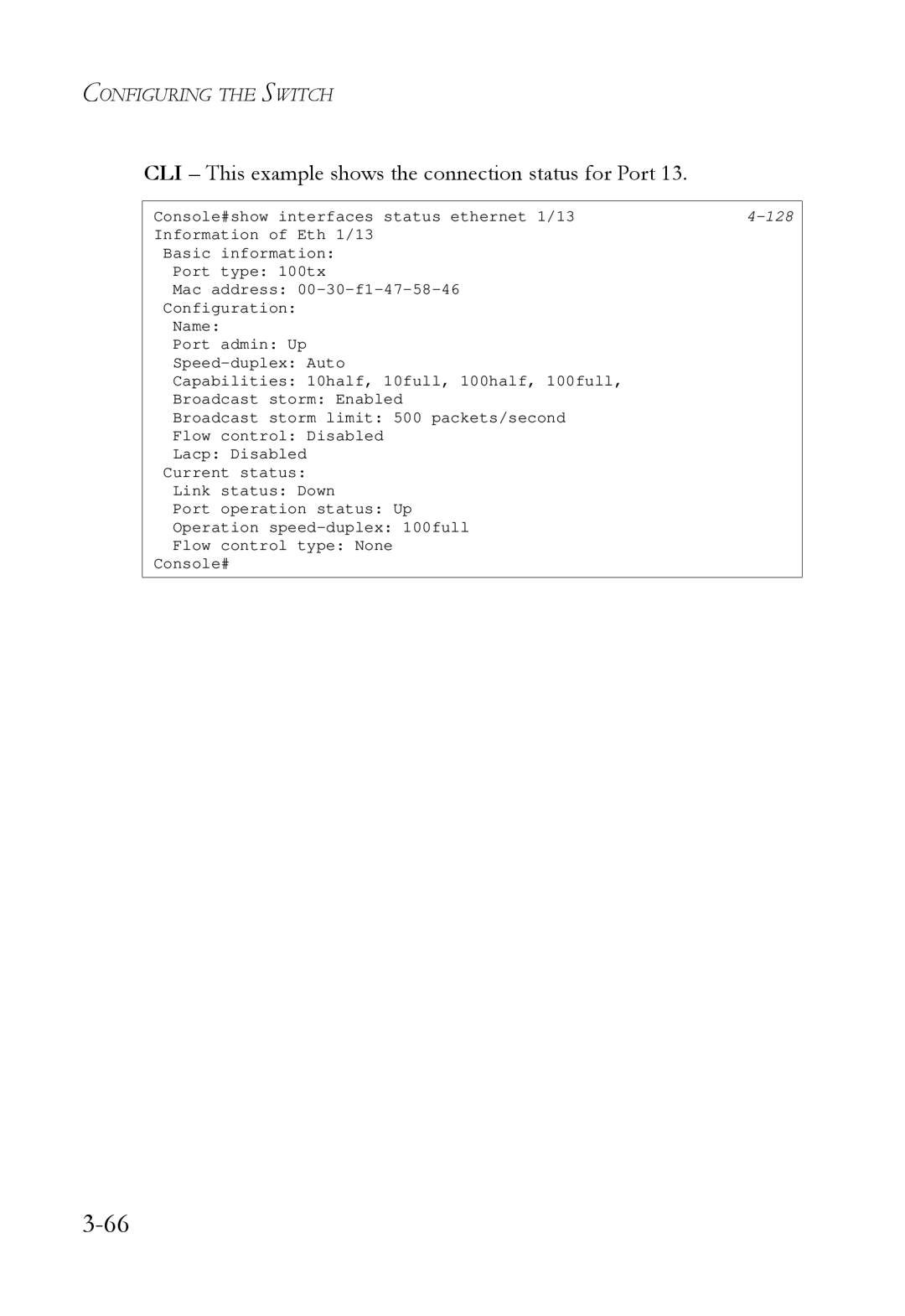 SMC Networks SMC6724L3 manual CLI This example shows the connection status for Port, 128 