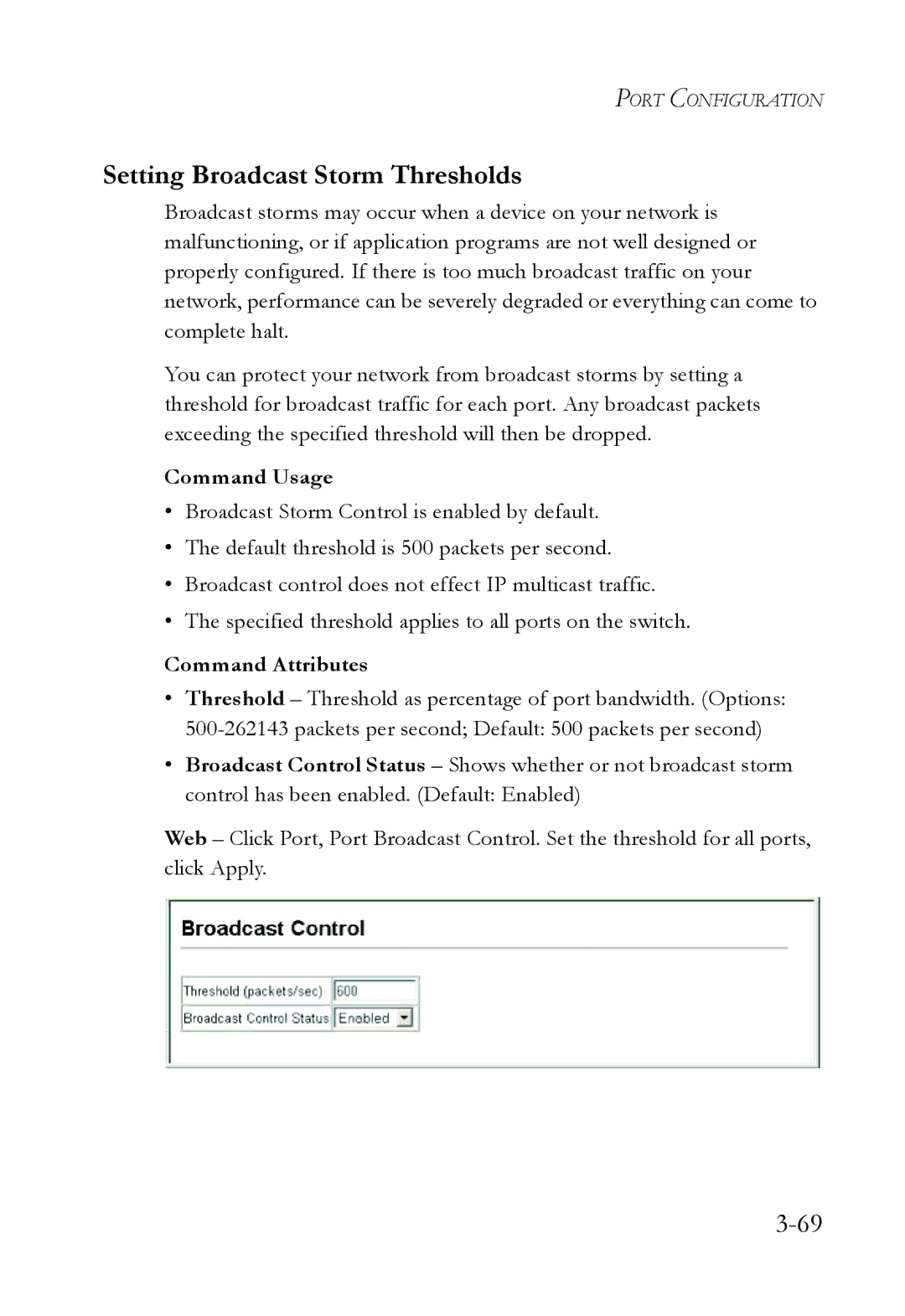 SMC Networks SMC6724L3 manual Setting Broadcast Storm Thresholds, Command Usage 