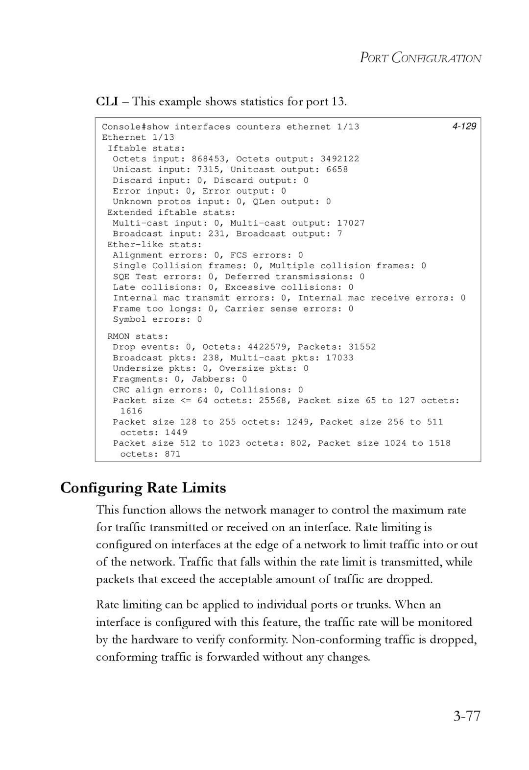 SMC Networks SMC6724L3 manual Configuring Rate Limits, CLI This example shows statistics for port 