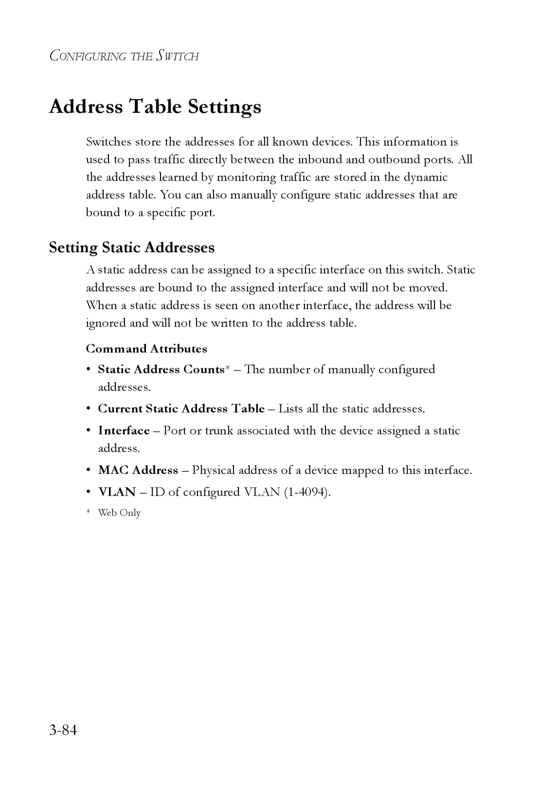 SMC Networks SMC6724L3 manual Address Table Settings, Setting Static Addresses 