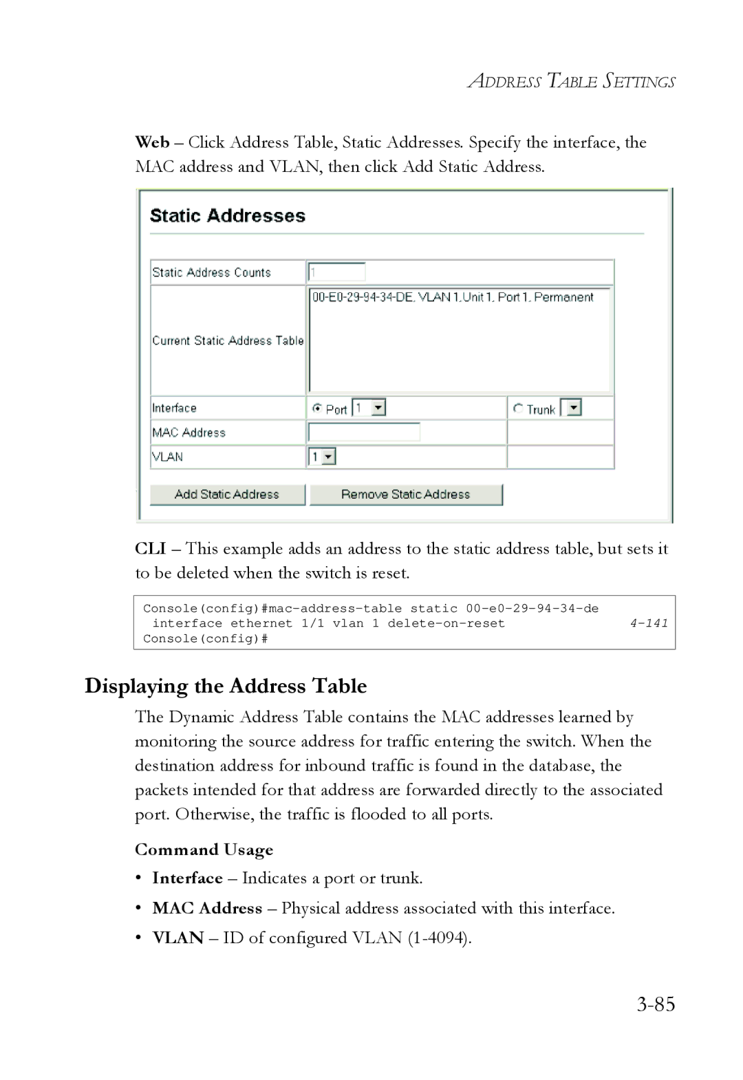 SMC Networks SMC6724L3 manual Displaying the Address Table, Command Usage 