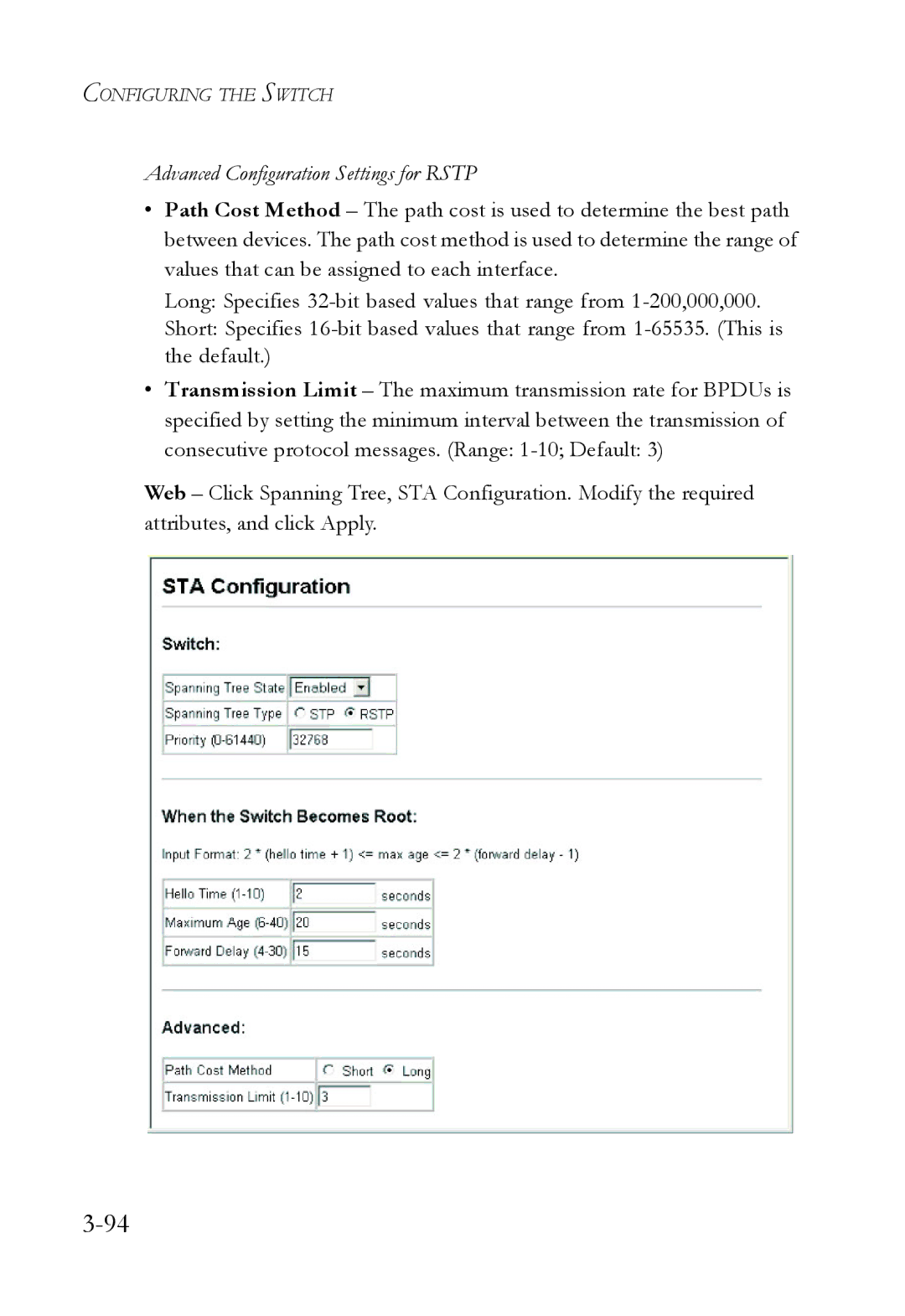 SMC Networks SMC6724L3 manual Advanced Configuration Settings for Rstp 