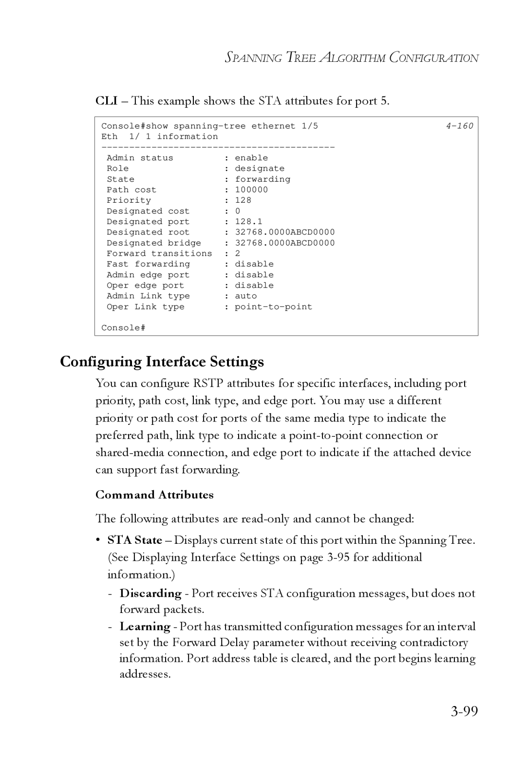 SMC Networks SMC6724L3 manual Configuring Interface Settings, CLI This example shows the STA attributes for port 