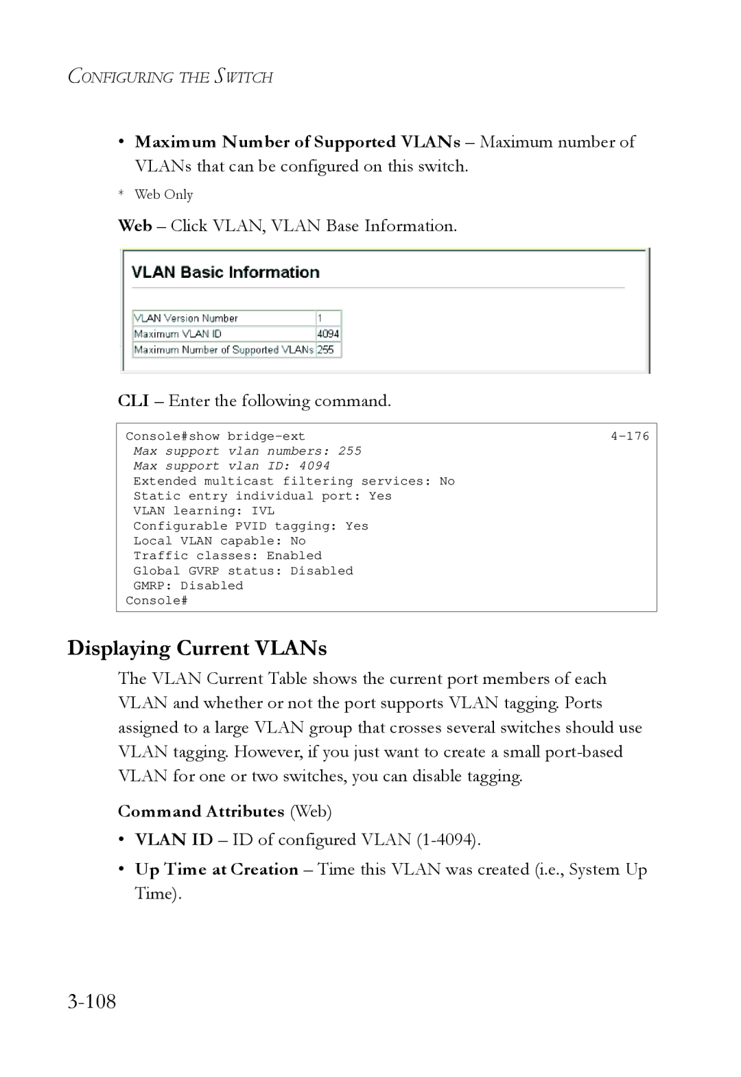 SMC Networks SMC6724L3 manual Displaying Current VLANs, 108, Command Attributes Web 