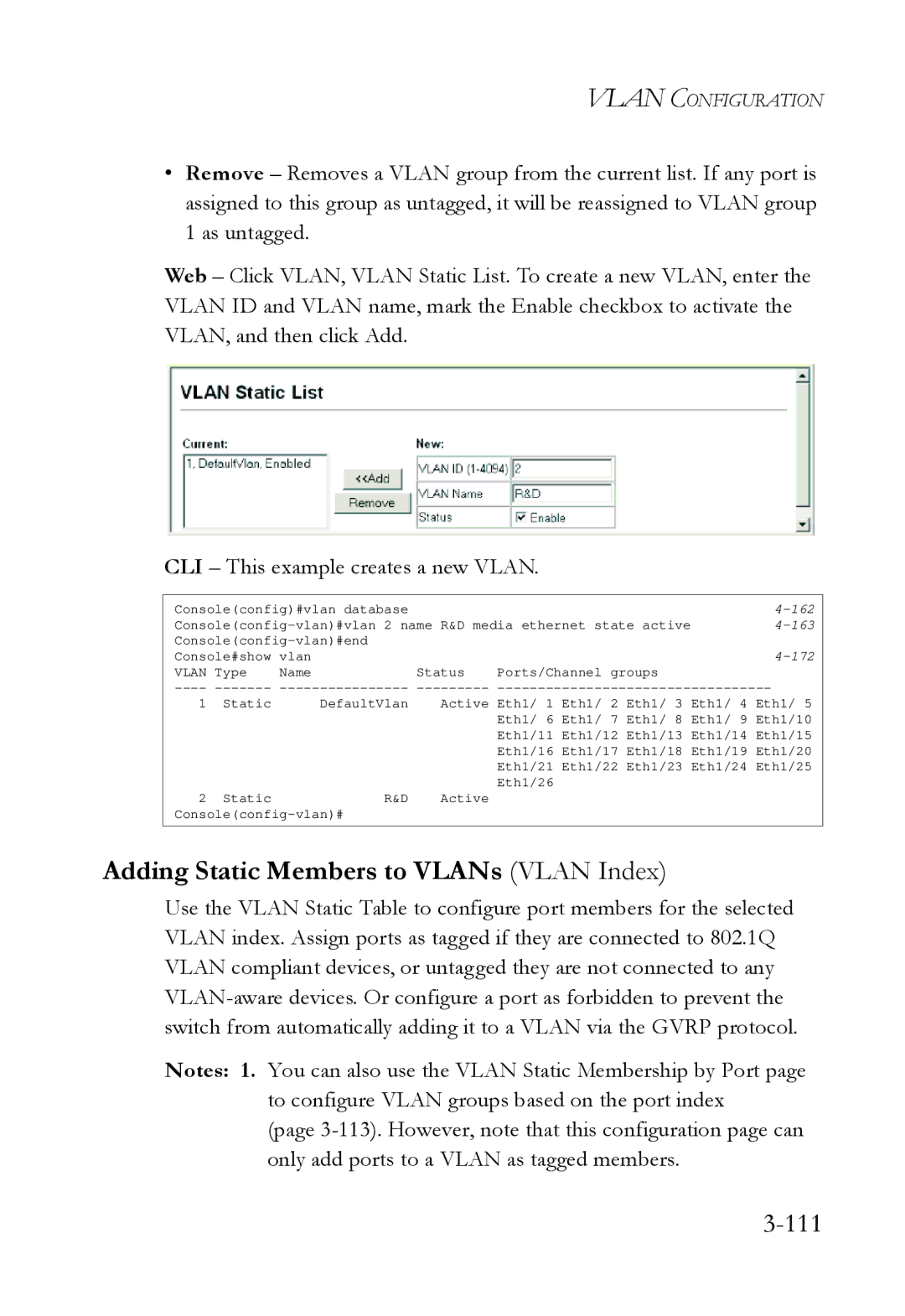 SMC Networks SMC6724L3 manual Adding Static Members to VLANs Vlan Index, 111 