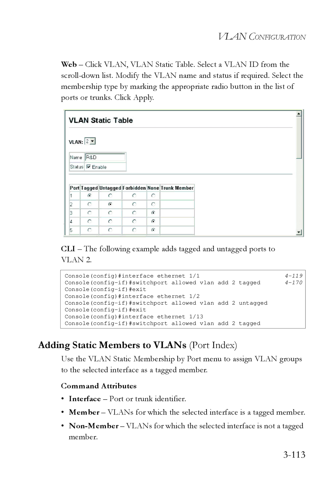 SMC Networks SMC6724L3 manual Adding Static Members to VLANs Port Index, 113 