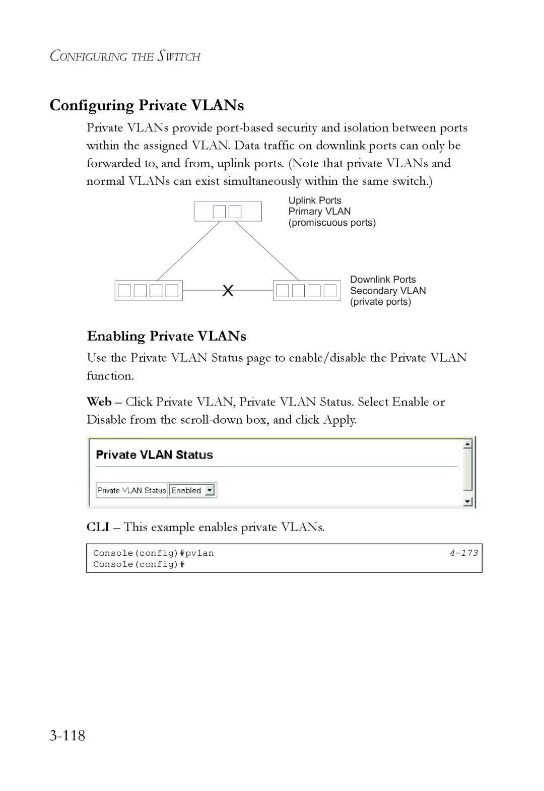 SMC Networks SMC6724L3 manual Configuring Private VLANs, 118, Enabling Private VLANs 