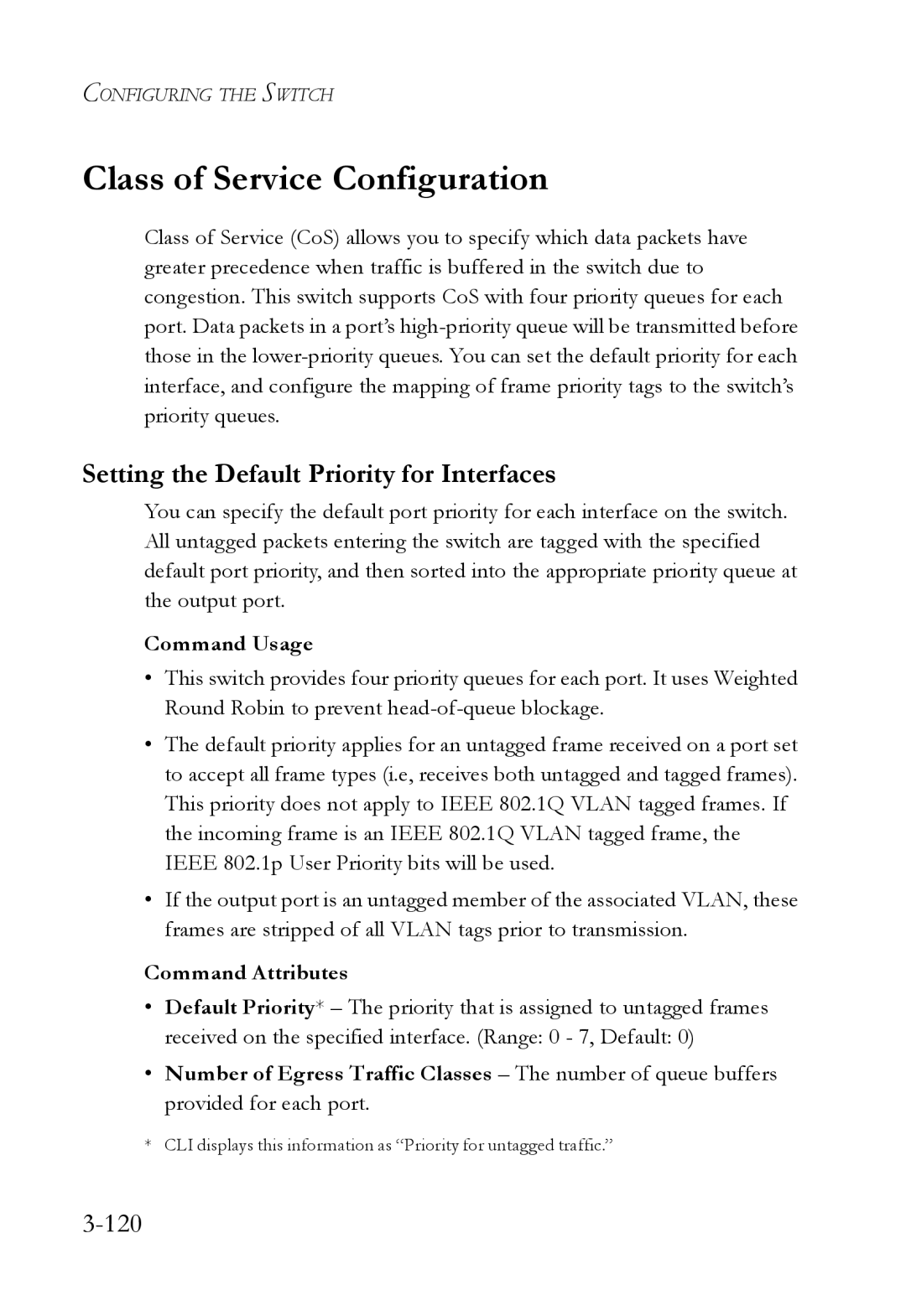 SMC Networks SMC6724L3 manual Class of Service Configuration, Setting the Default Priority for Interfaces, 120 