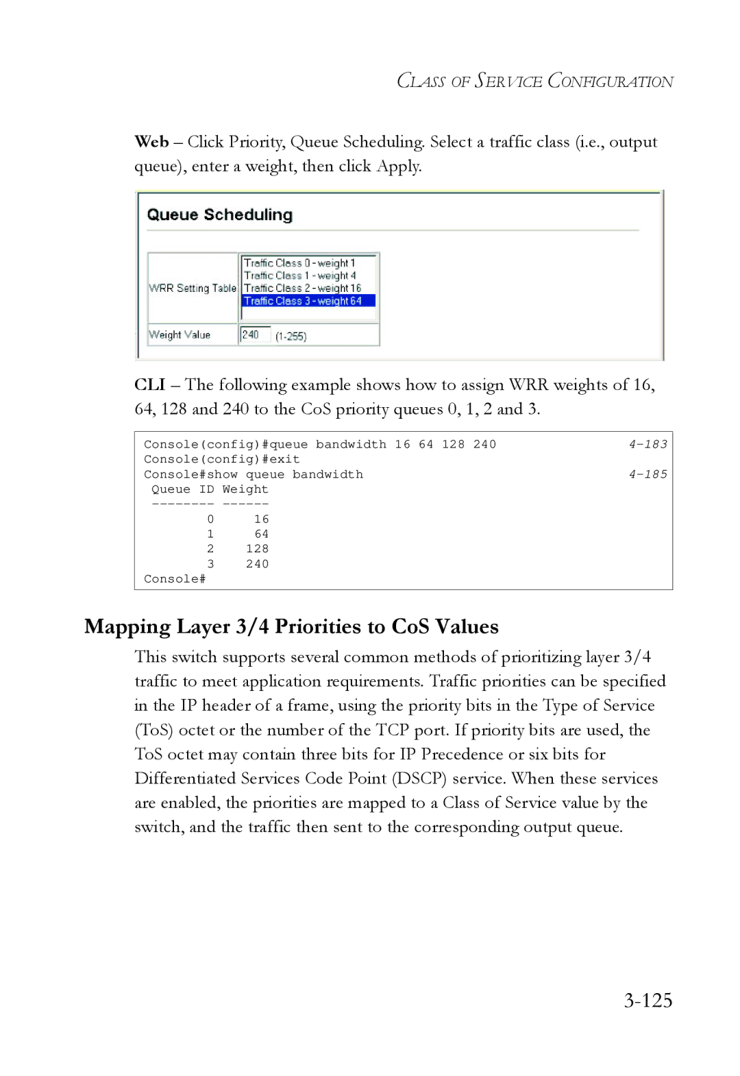 SMC Networks SMC6724L3 manual Mapping Layer 3/4 Priorities to CoS Values, 125 