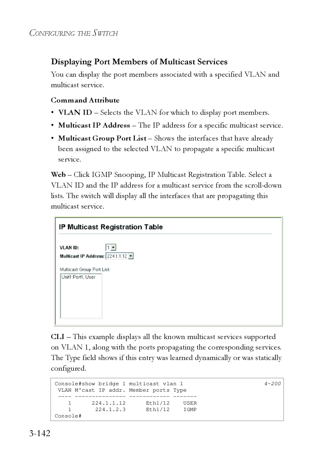 SMC Networks SMC6724L3 manual 142, Displaying Port Members of Multicast Services 