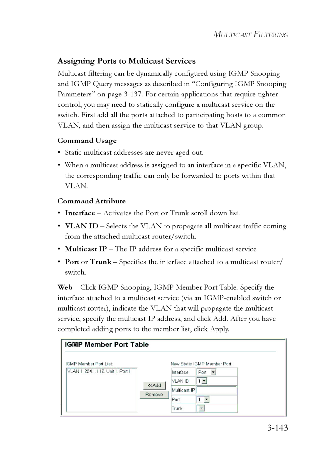 SMC Networks SMC6724L3 manual 143, Assigning Ports to Multicast Services 