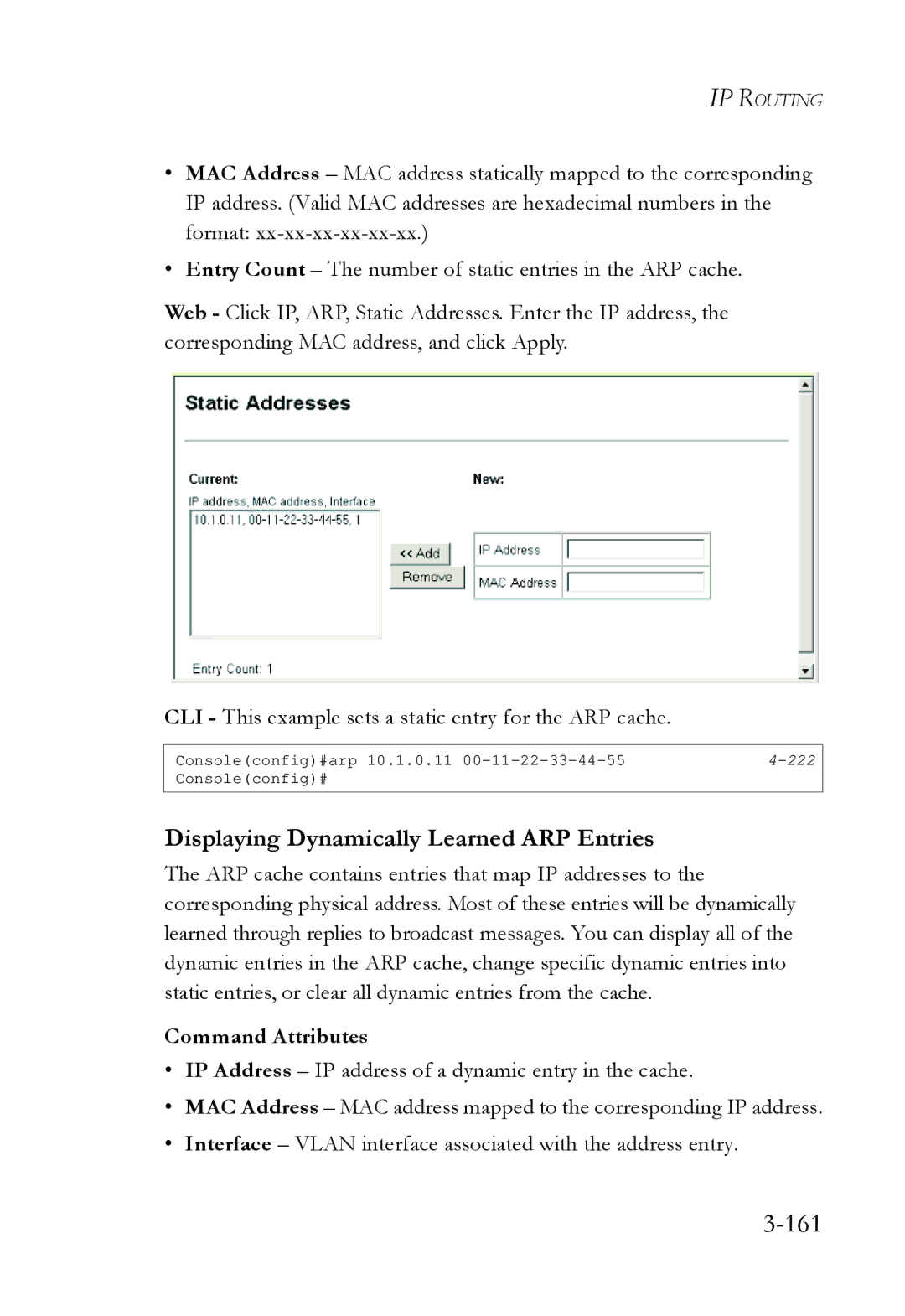 SMC Networks SMC6724L3 manual 161, Displaying Dynamically Learned ARP Entries 