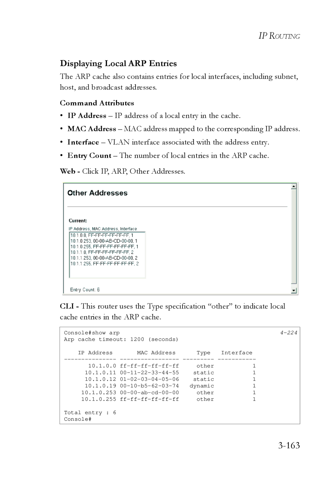 SMC Networks SMC6724L3 manual 163, Displaying Local ARP Entries 