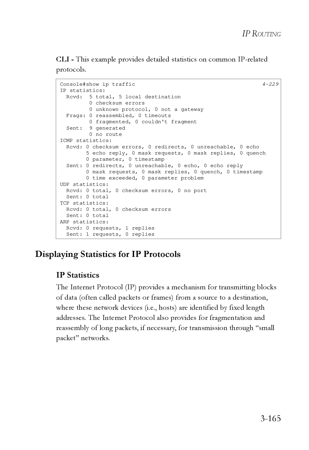 SMC Networks SMC6724L3 manual Displaying Statistics for IP Protocols, 165, IP Statistics 