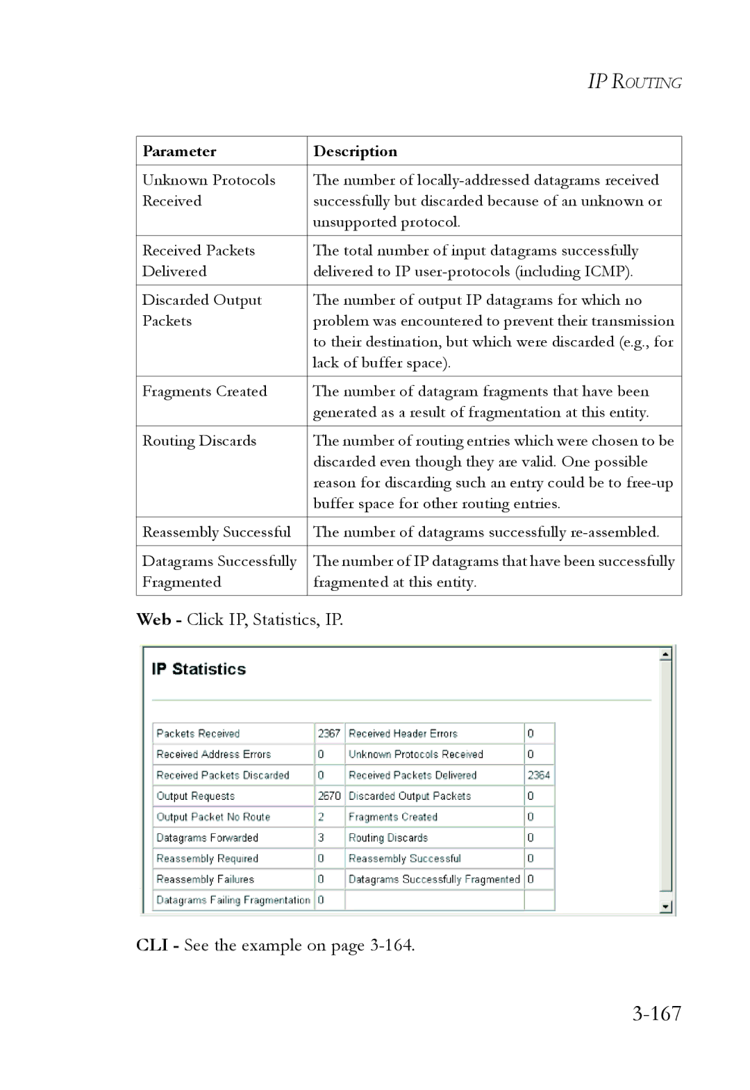 SMC Networks SMC6724L3 manual 167, Web Click IP, Statistics, IP CLI See the example on 