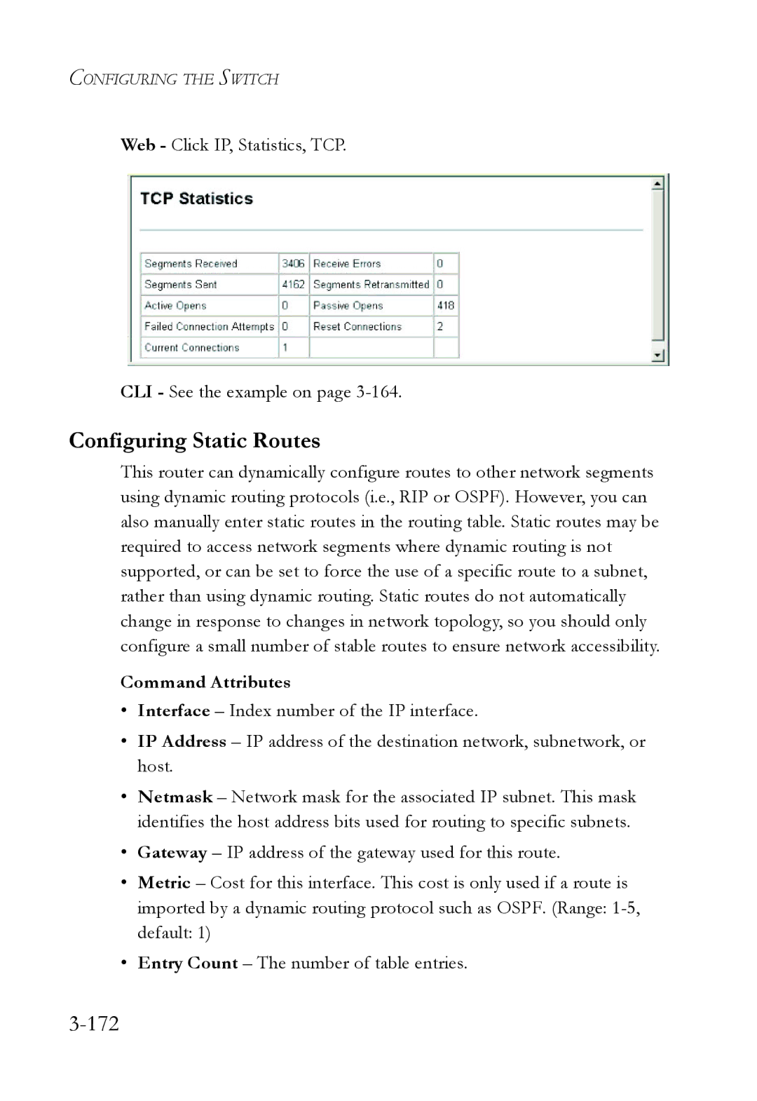 SMC Networks SMC6724L3 manual Configuring Static Routes, 172, Web Click IP, Statistics, TCP CLI See the example on 