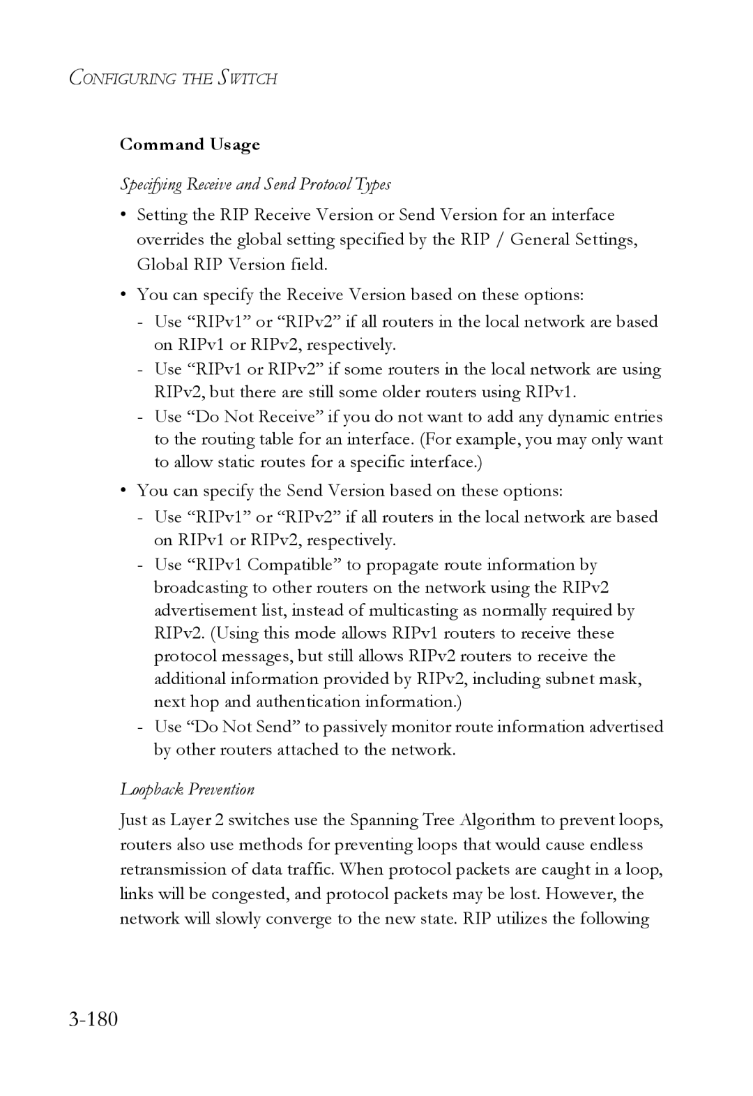 SMC Networks SMC6724L3 manual 180, Specifying Receive and Send Protocol Types, Loopback Prevention 