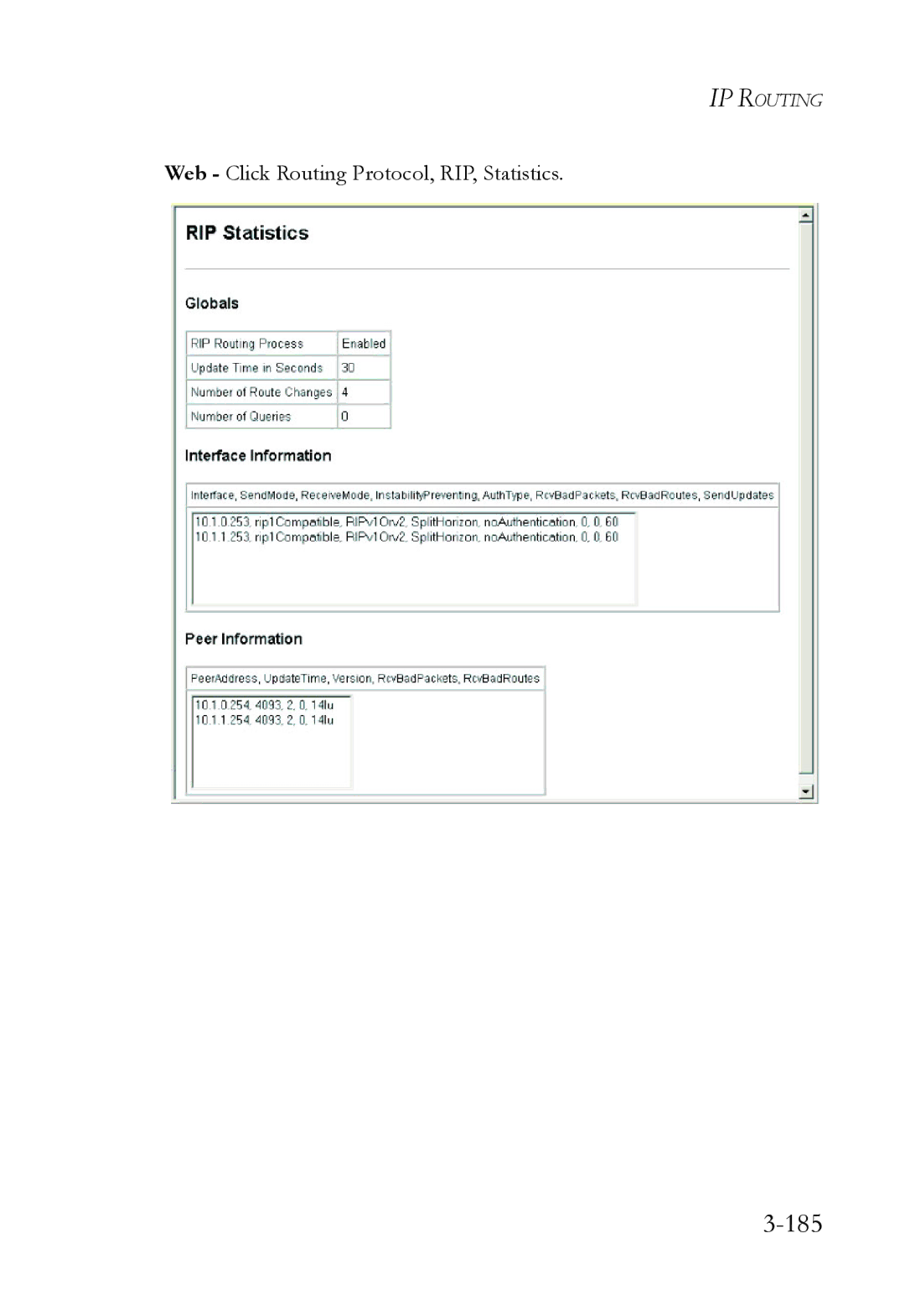 SMC Networks SMC6724L3 manual 185, Web Click Routing Protocol, RIP, Statistics 