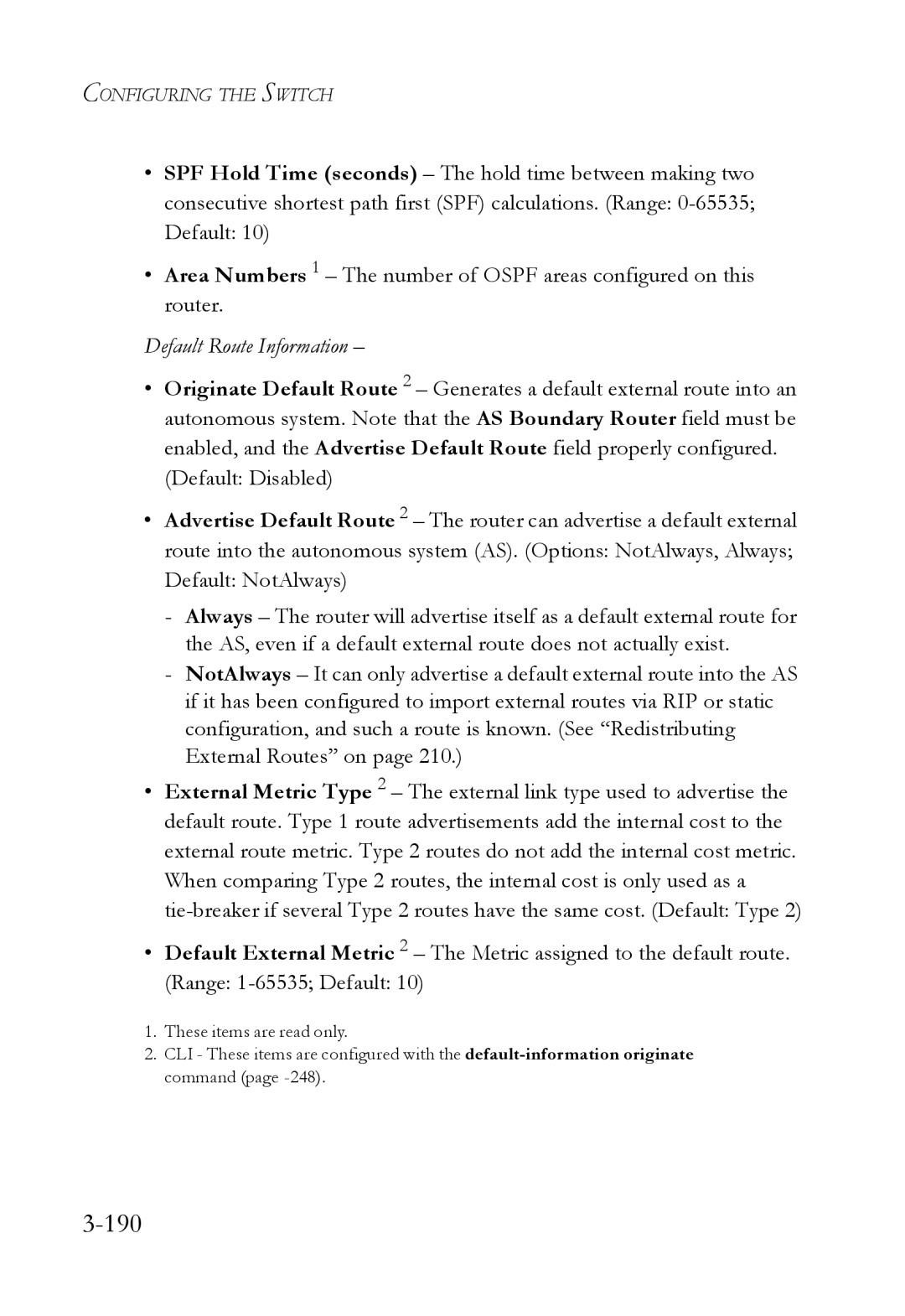 SMC Networks SMC6724L3 manual 190, Default Route Information 